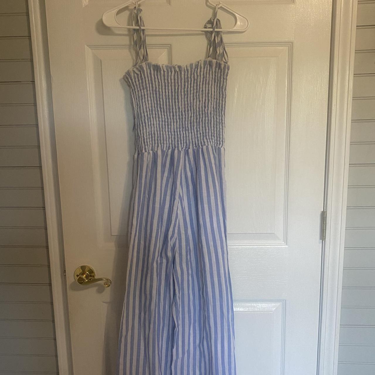 blue striped jumpsuit ! tie straps !! wide, flowy... Depop