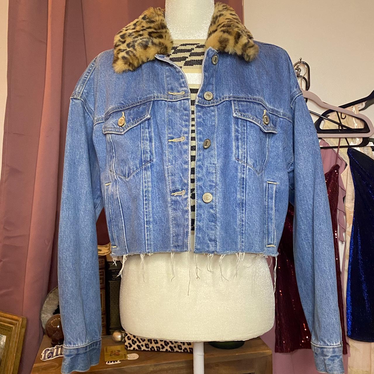 Leopard collar denim outlet jacket