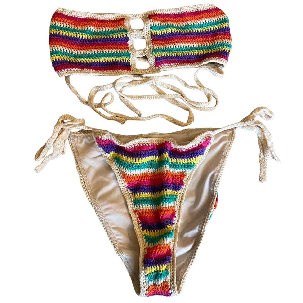 Vintage rainbow crochet bikini set •Size not... - Depop