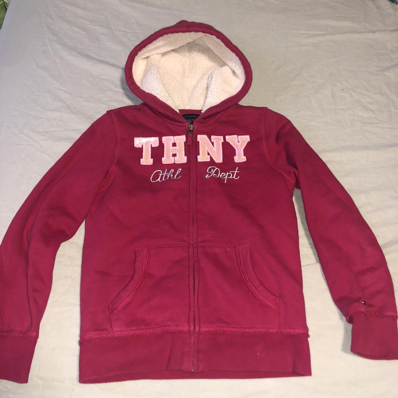 tommy hilfiger sherpa jacket in red with pink... - Depop