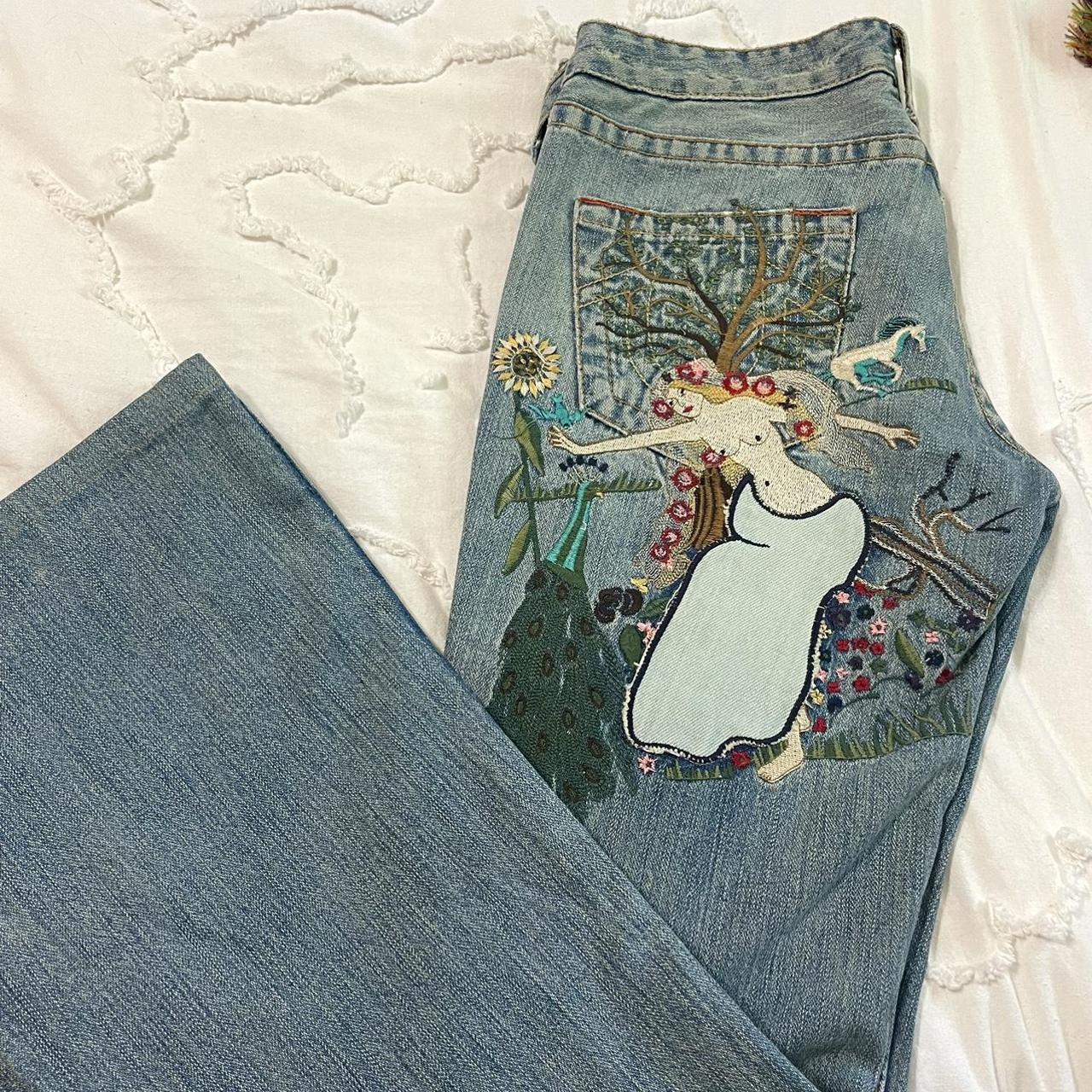 TRUE RELIGION Flared Low Waisted Embroidered Jeans Depop