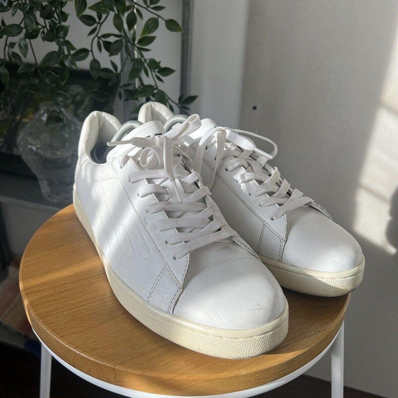 Mens White Leather Emporio Armani Trainers Size Uk... - Depop