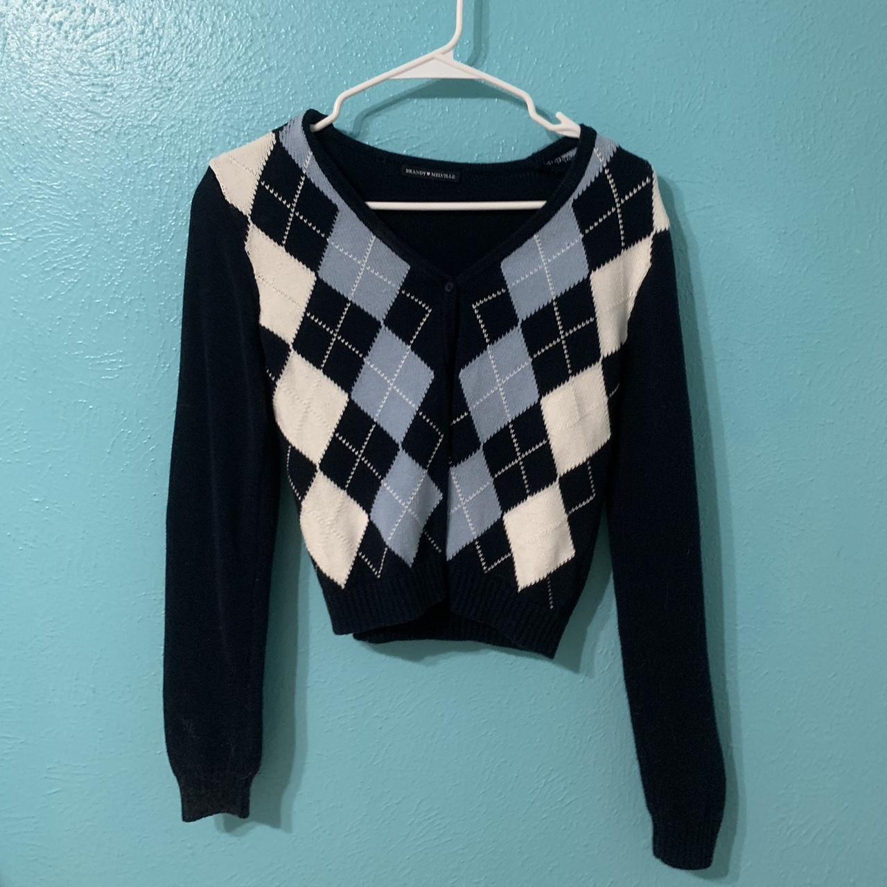 Brandy Melville Argyle Button Front V Neck Sweater Blue White OS