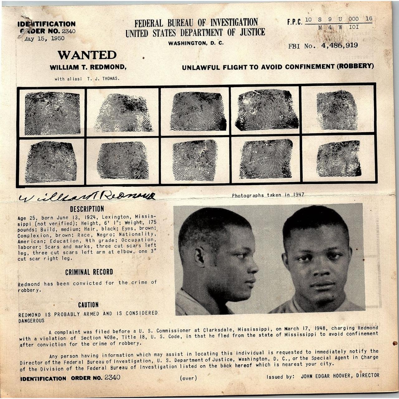 1950 FBI WANTED POSTER WILLIAM T. REMOND ARMED AND... - Depop