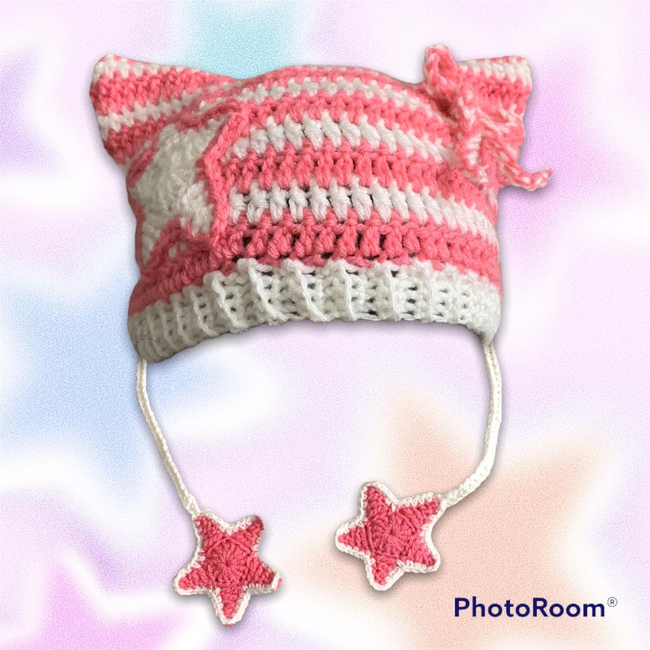 CROCHET HANDMADE star pink ear flap beanie colors: - Depop