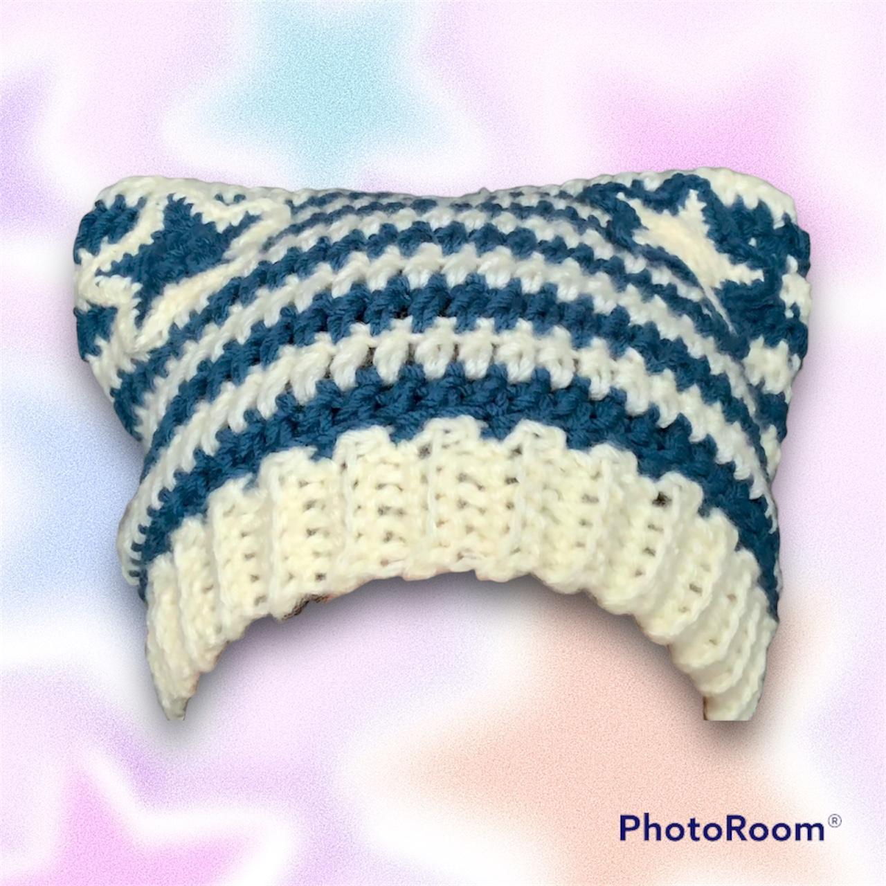 double star crochet cat beanie ☆ cream & blue... - Depop