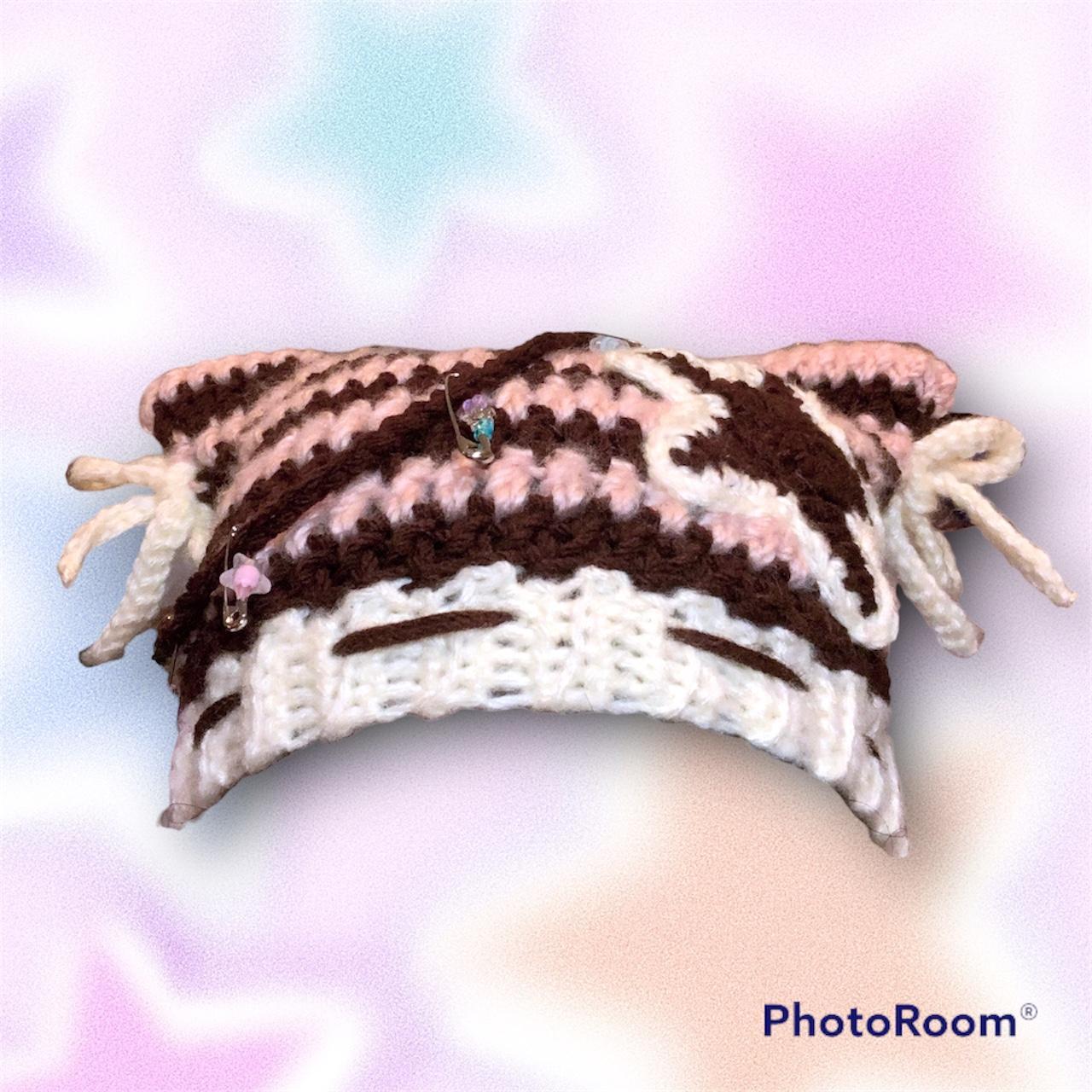 CROCHET HANDMADE star pink ear flap beanie colors: - Depop