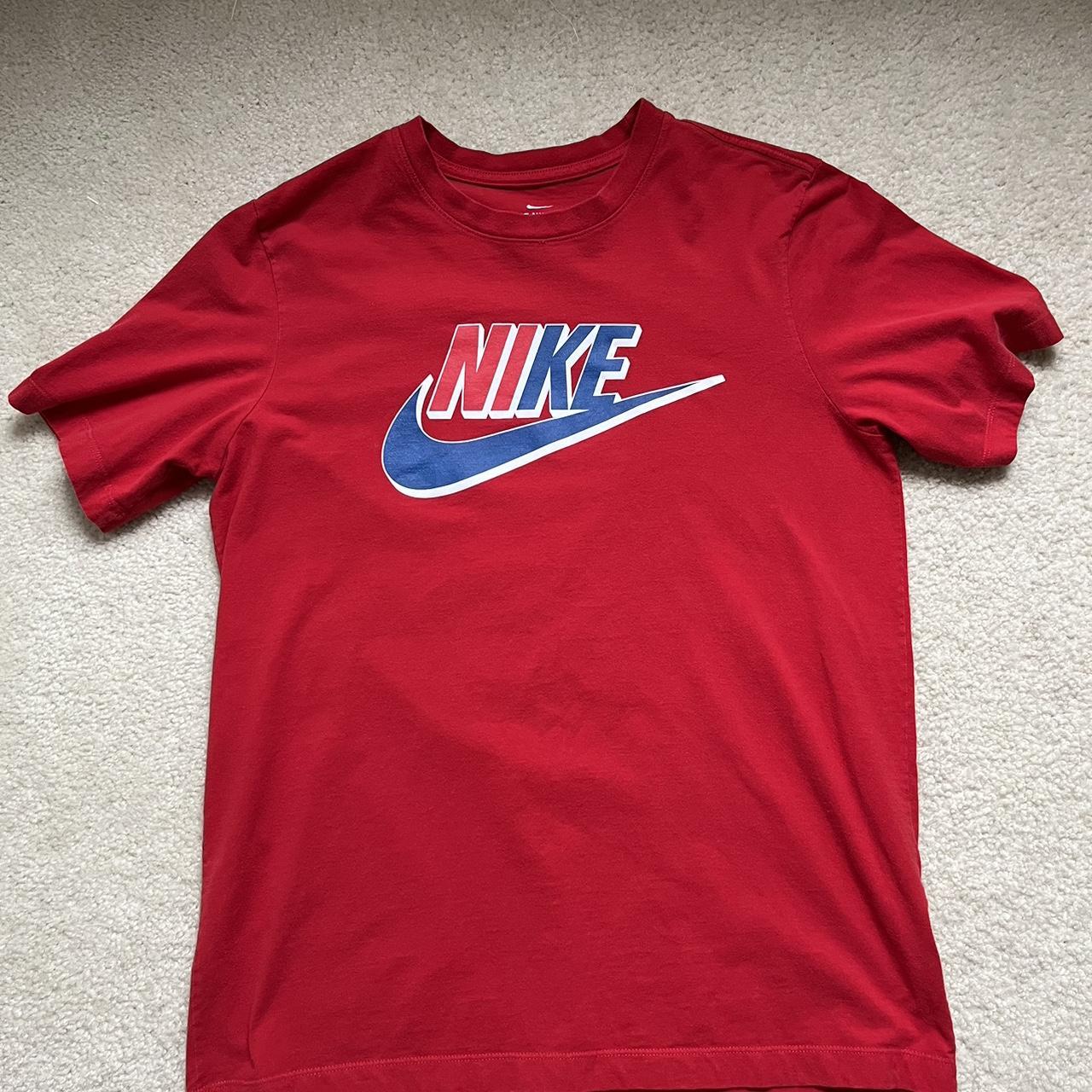 red nike t shirt with red and blue nike - Depop