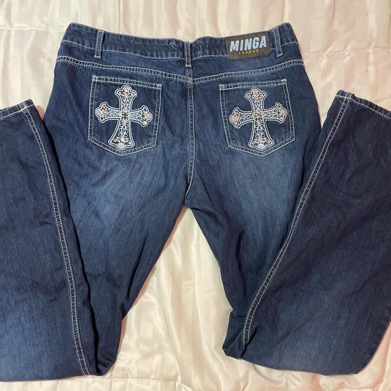 MINGA LONDON Low rise flare jeans Cross on back... - Depop