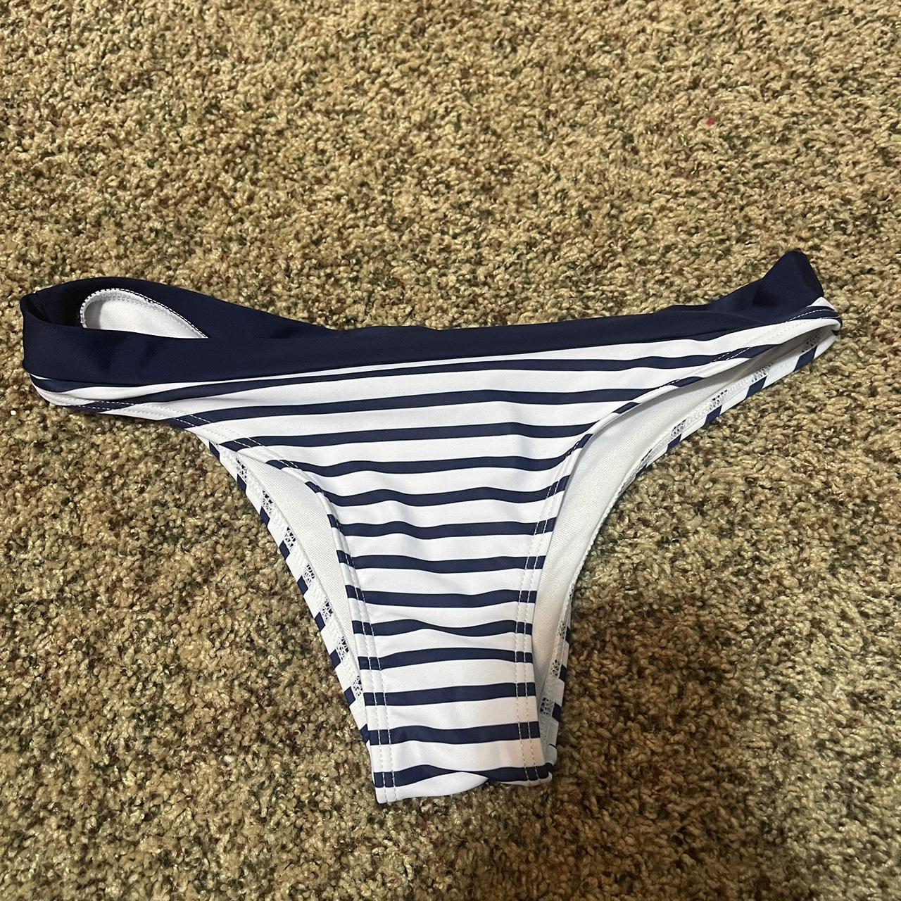 striped bikini bottoms navy blue and white hardly... - Depop