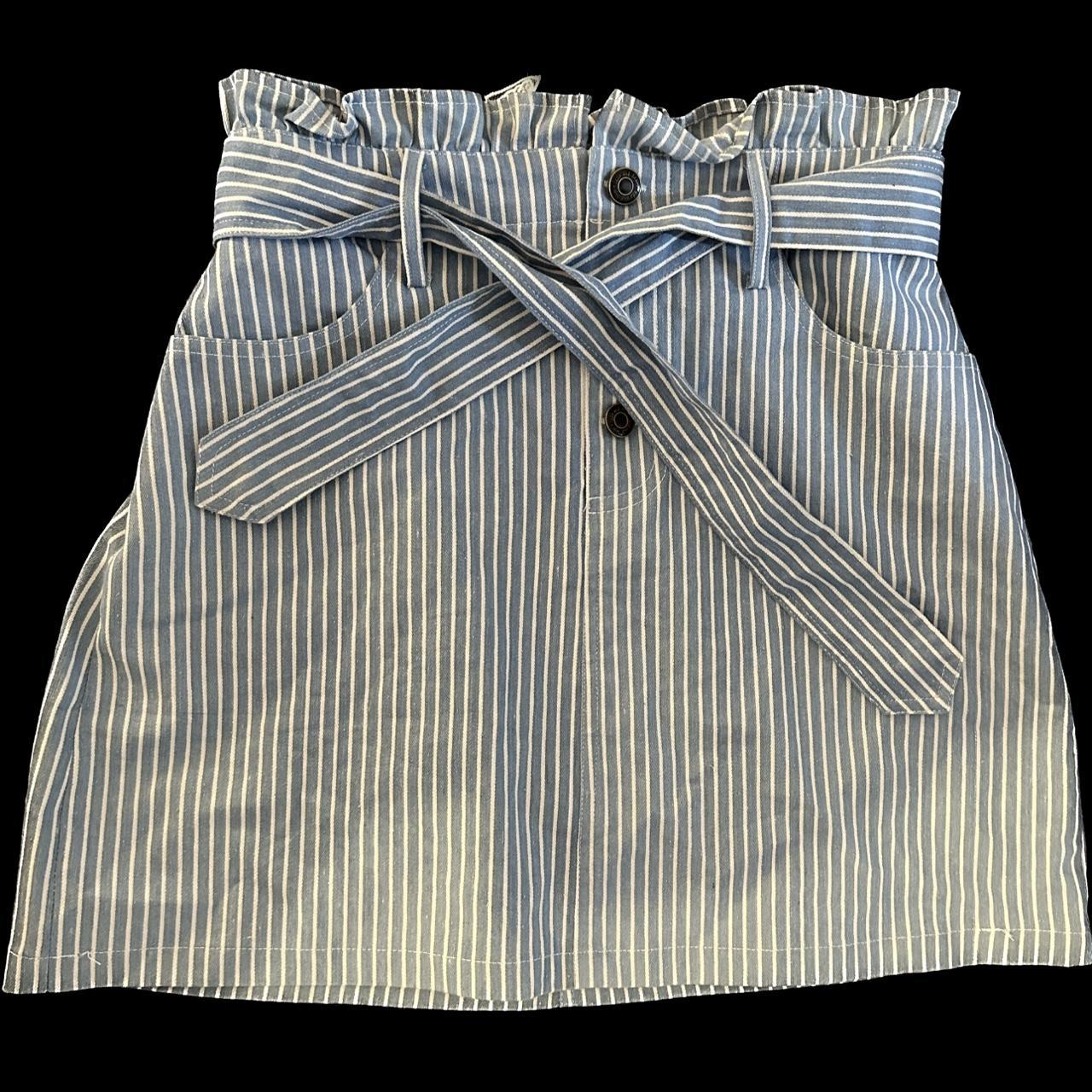 Blue and white pinstripe skirt with tie belt from... - Depop