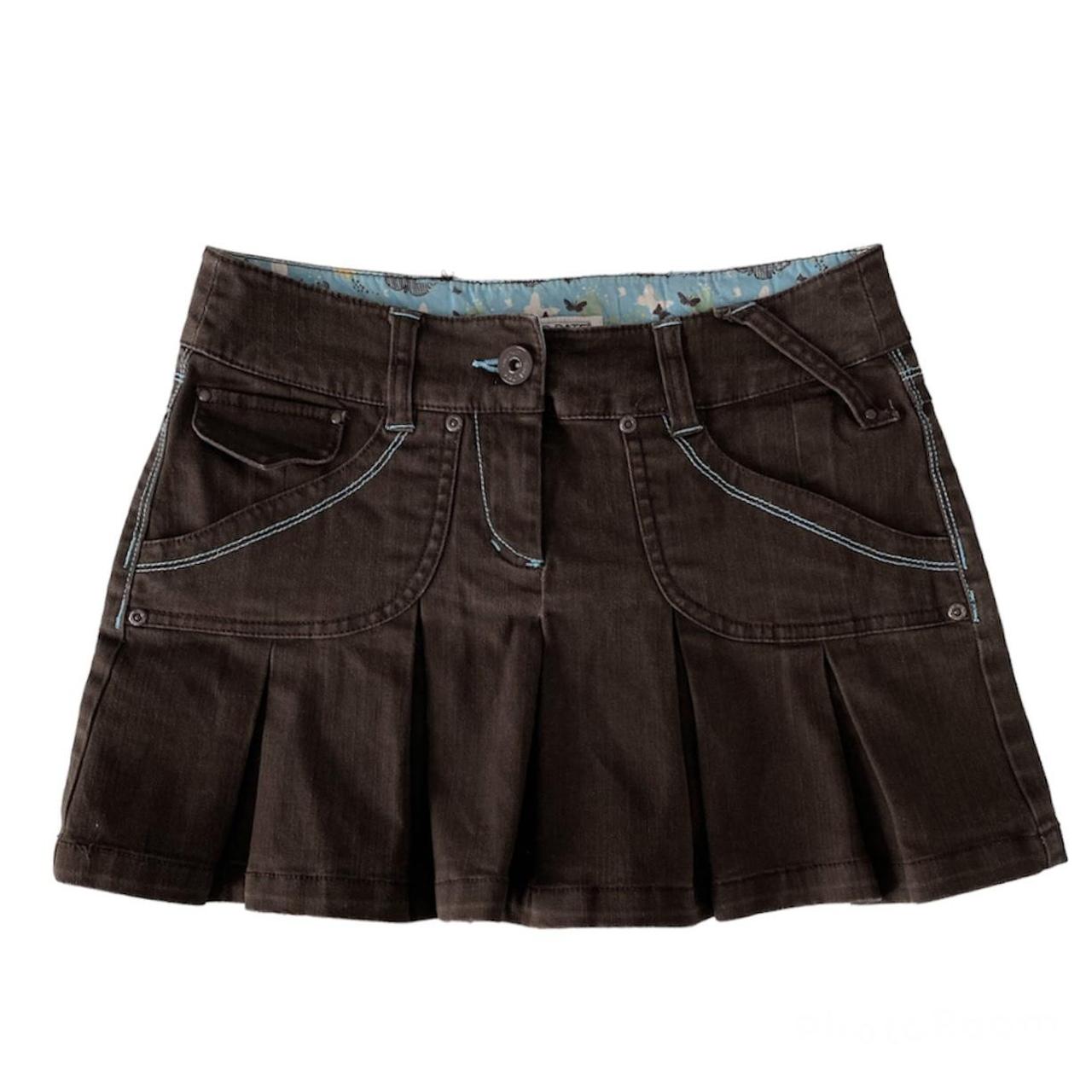 Brown mini pleated jeans skirt with blue stitching... Depop