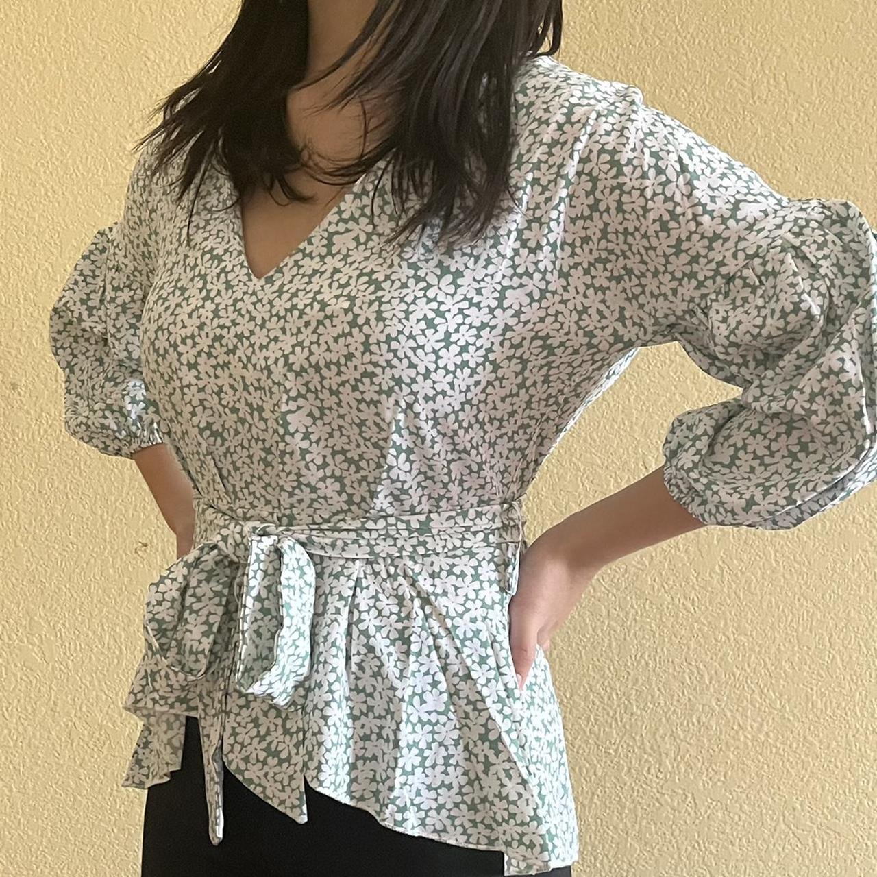 Women's Green And White Blouse | Depop