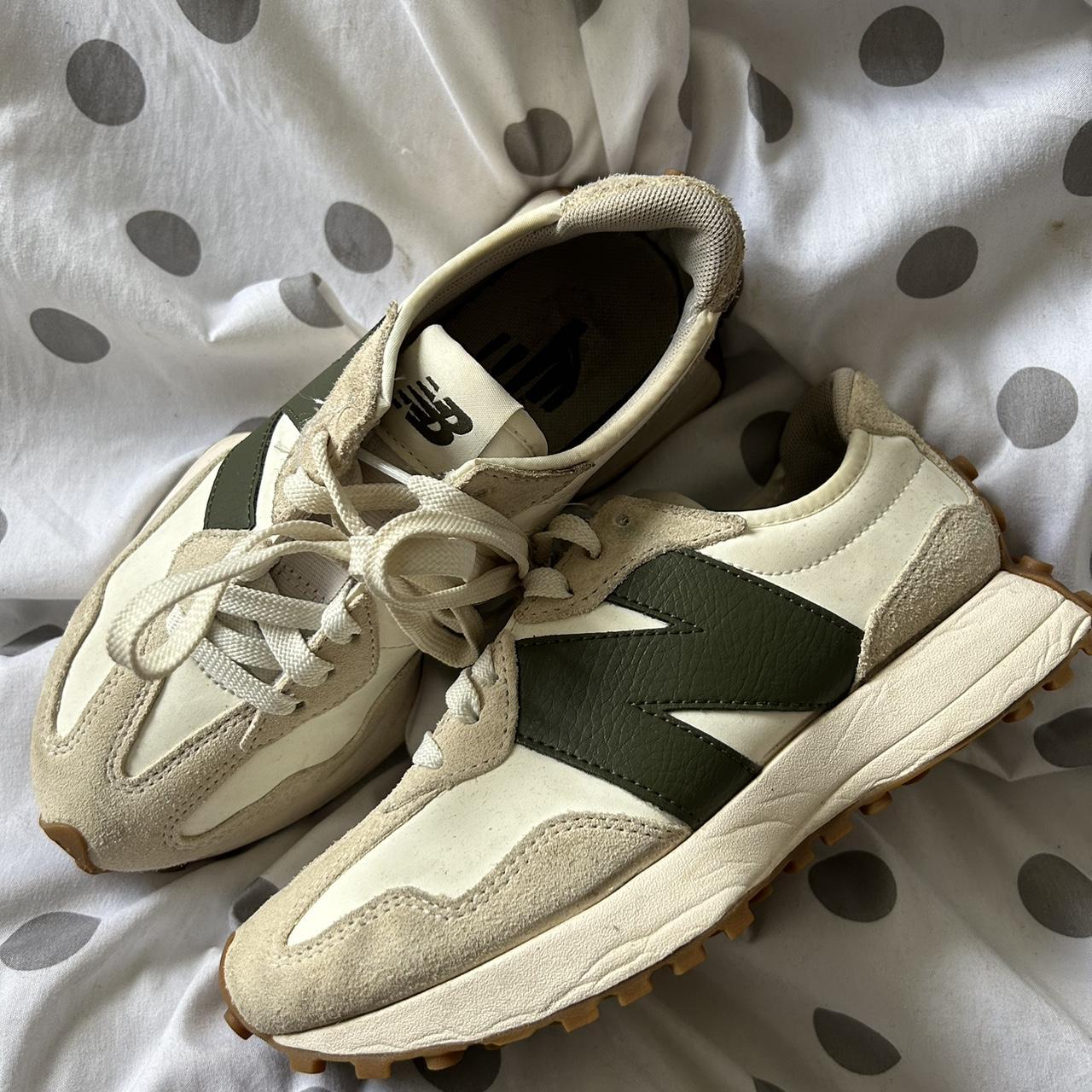 Womens green and beige new balance 327 trainers size... - Depop