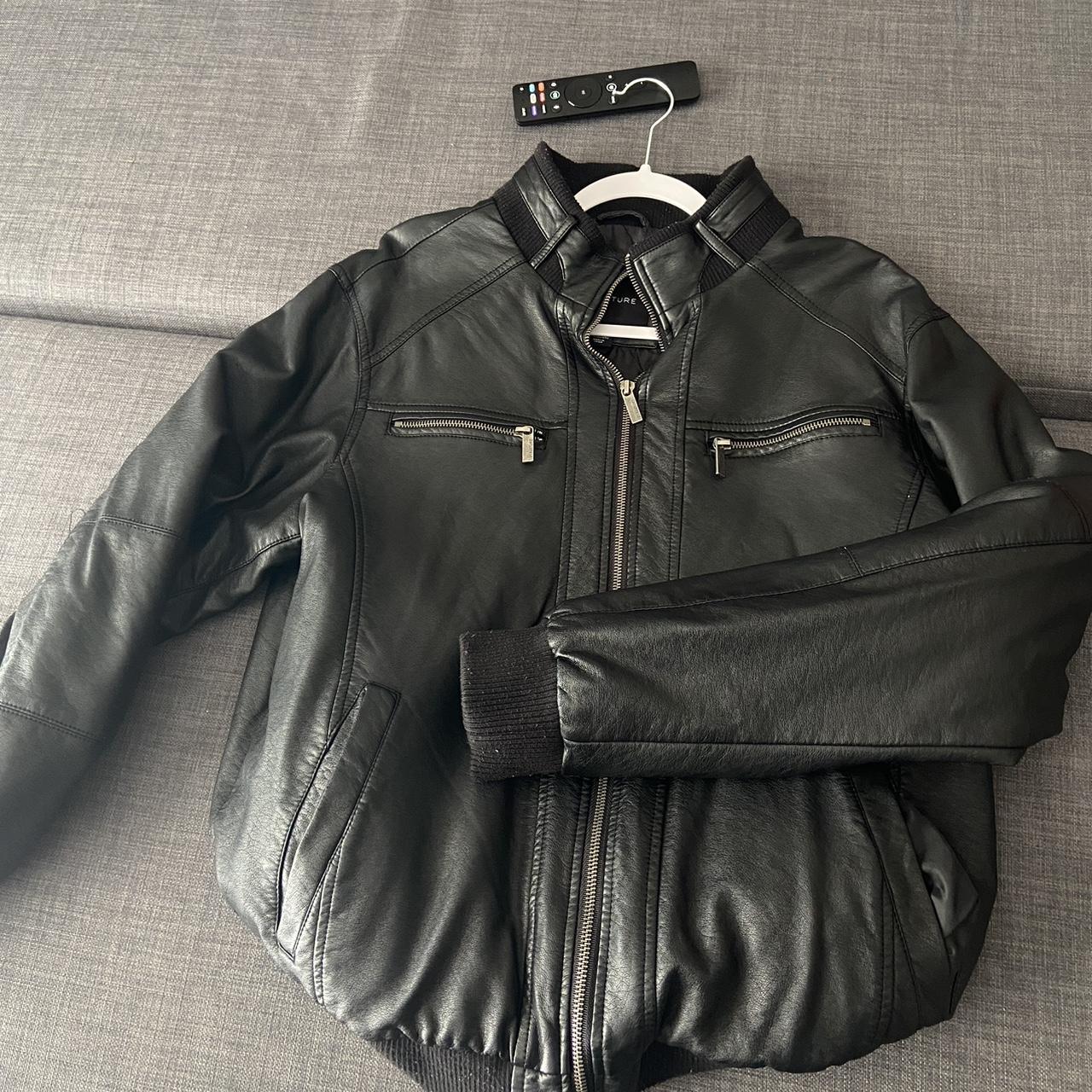 Black faux leather bomber jacket, in perfect... - Depop