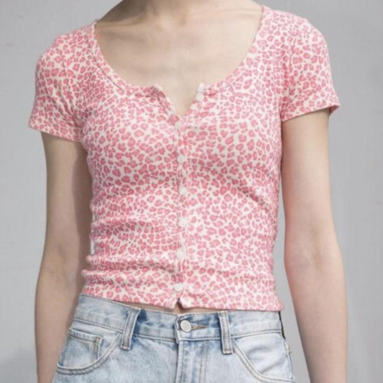 Brandy Melville Women's Pink and White Shirt Depop
