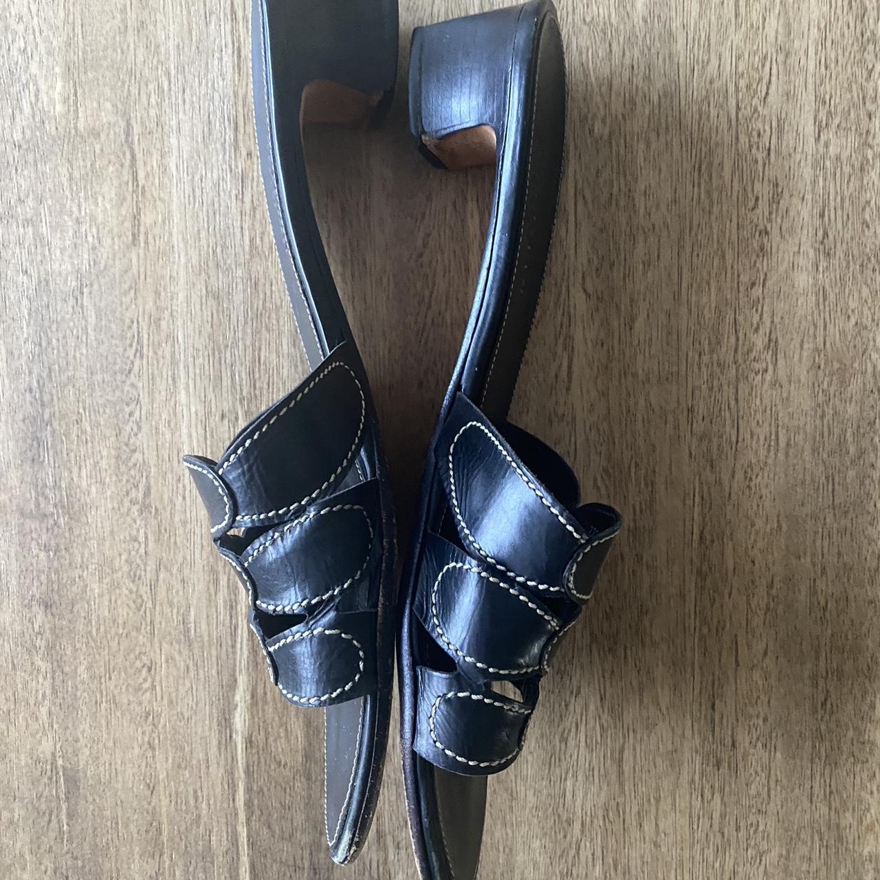 Cole hann real leather 9 1/2 B heeled black sandals... - Depop