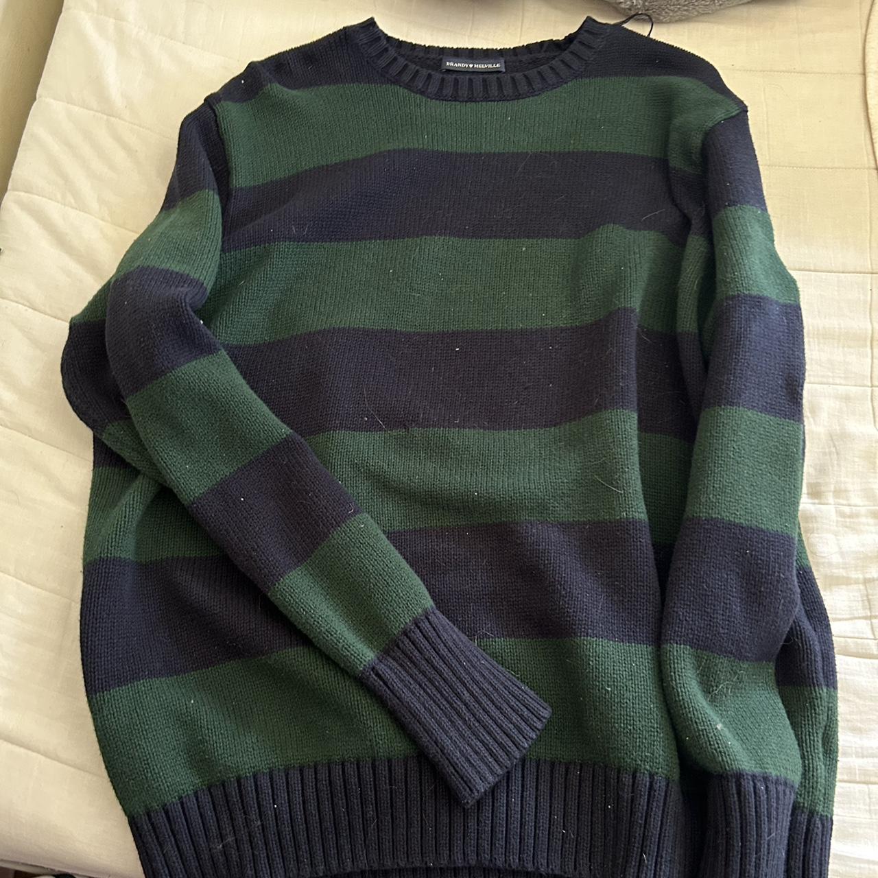 Brandy Melville Green and Navy Black Stripe Sweater... Depop
