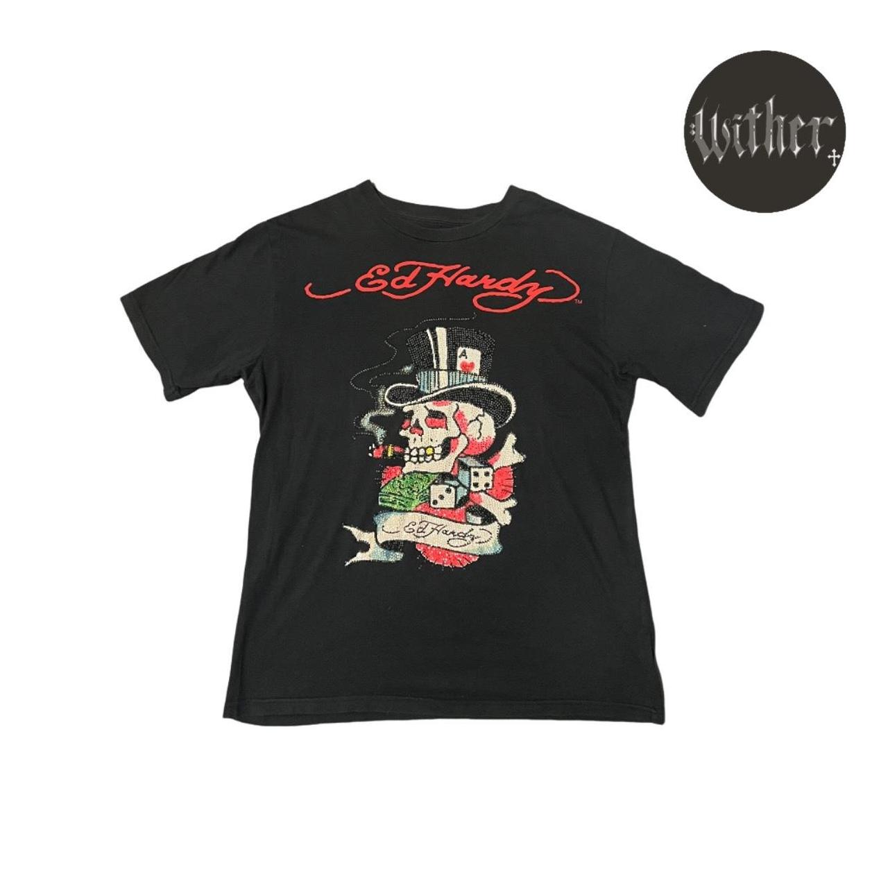 ️‍🩹 black/red embellished skull graphic tshirt size... - Depop