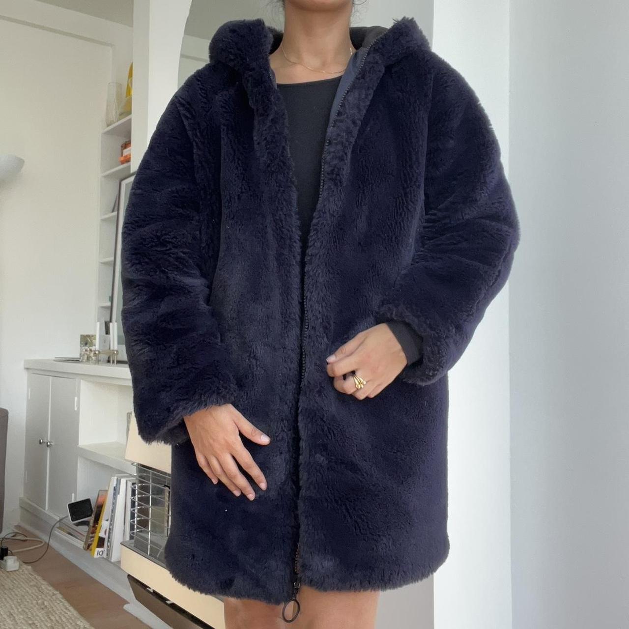 Bimba Y Lola navy faux fur hooded coat. Inside of - Depop