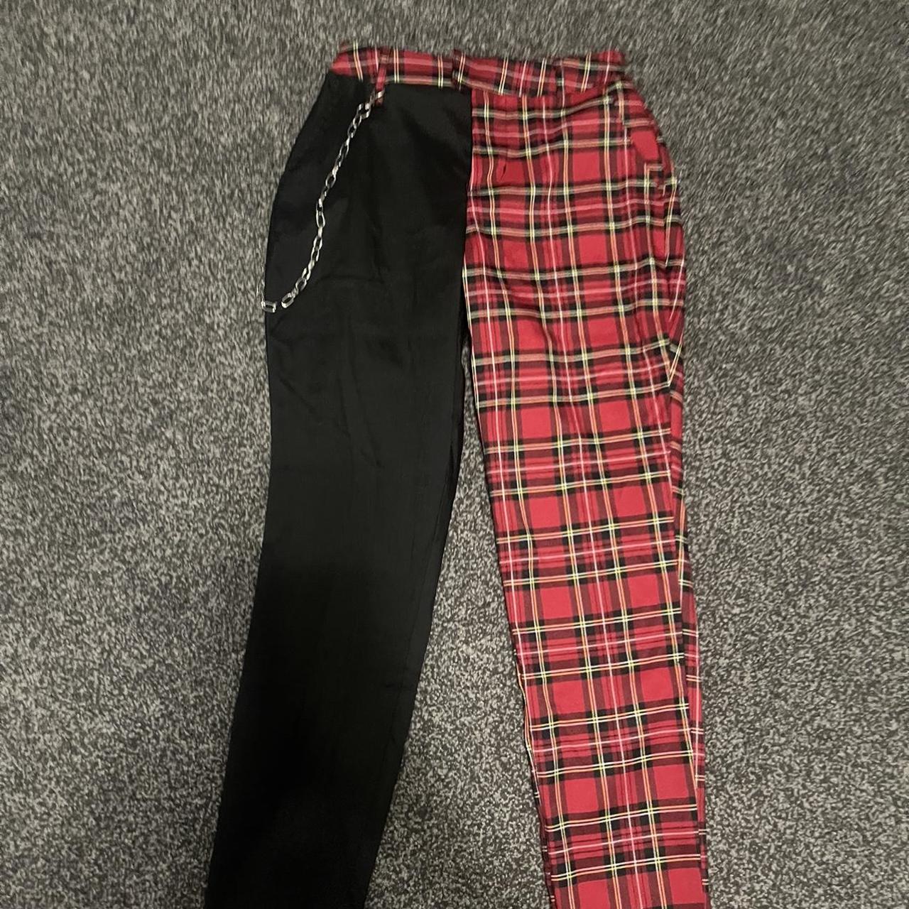 Black and red plaid split pants, cuffed at the... - Depop