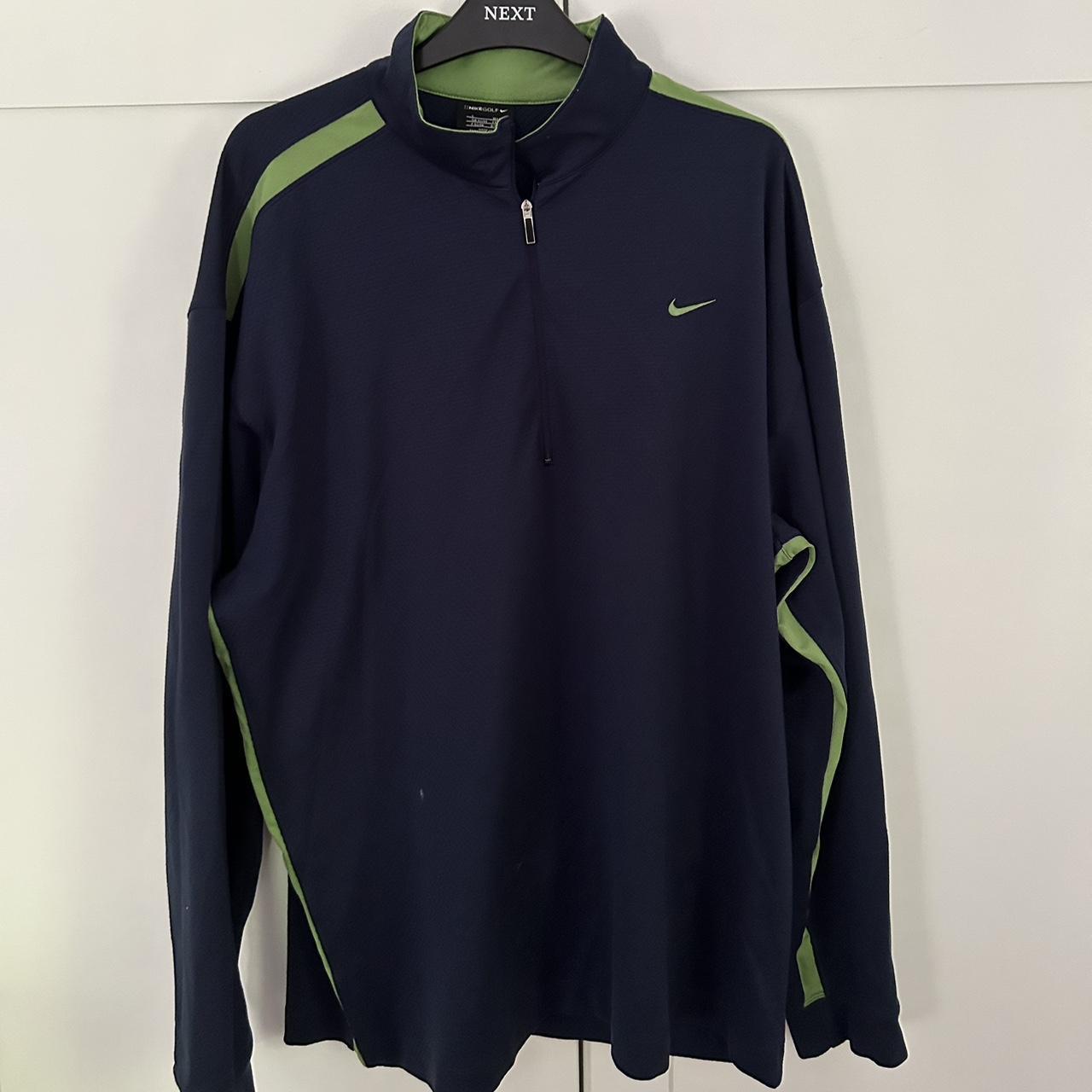 Nike Jumper Navy and Green quarter zip Good... Depop