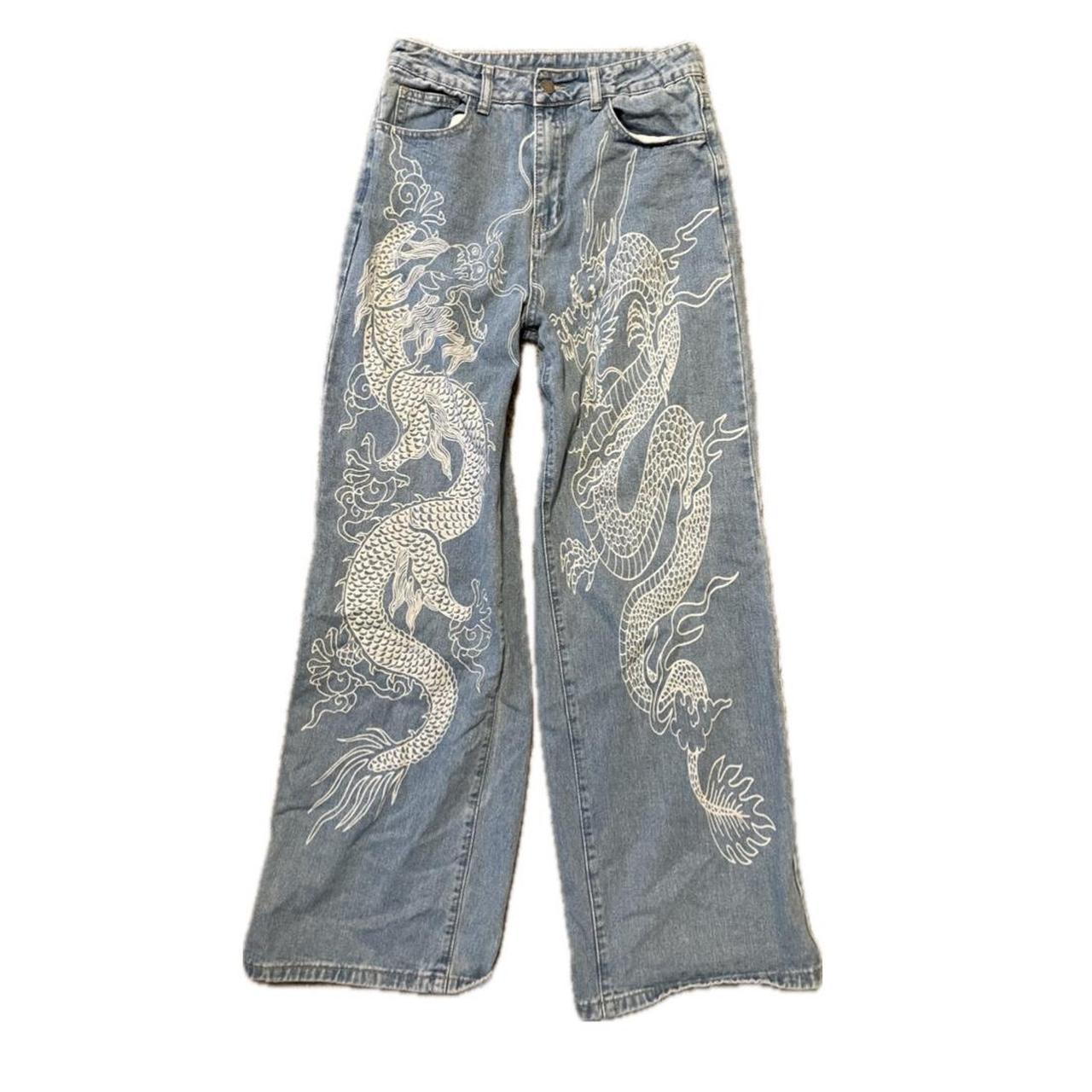 Harajuku Streetwear Dragon Embroidered Denim Jeans White Dragon / S