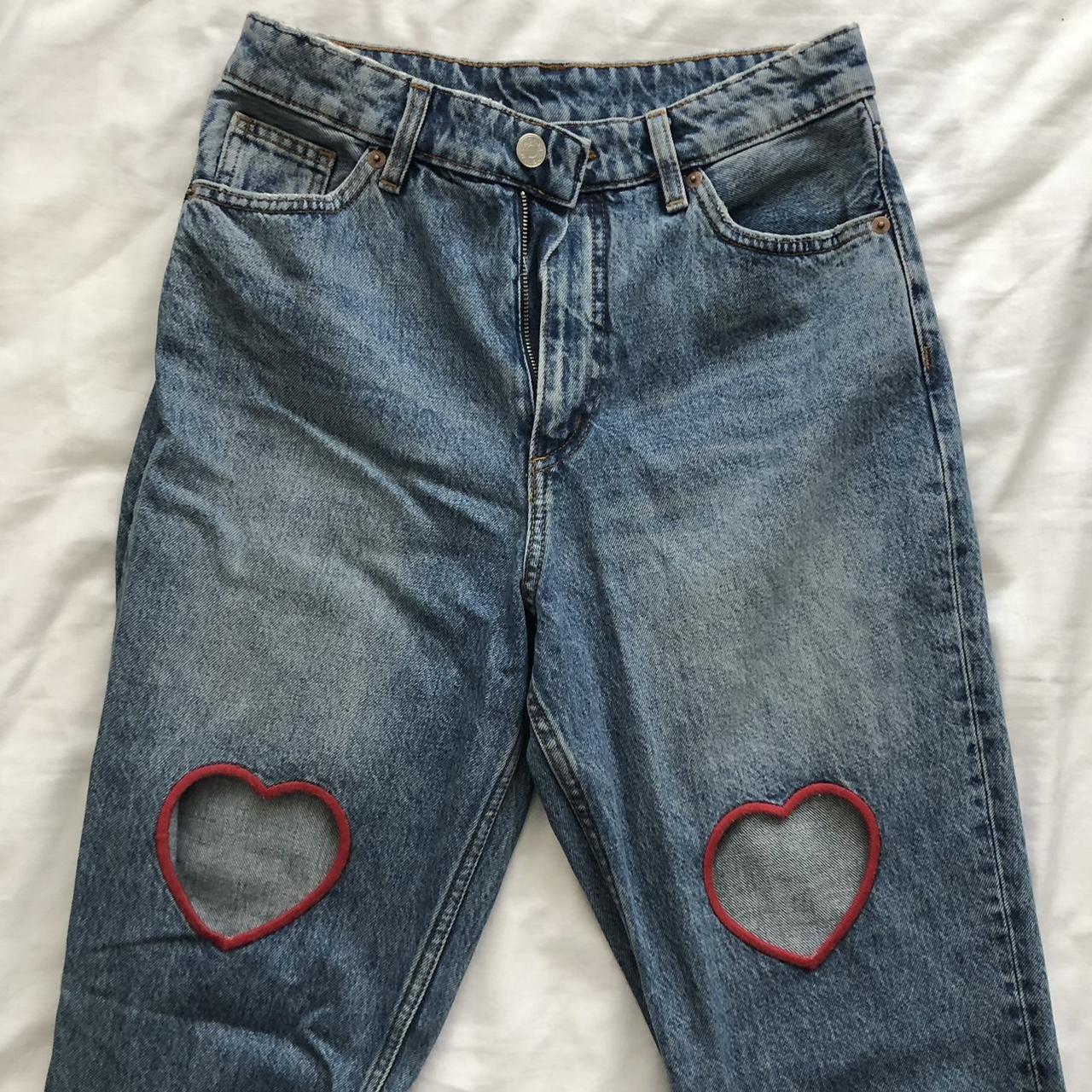 Monki high waisted balloon leg blue jeans with red... - Depop