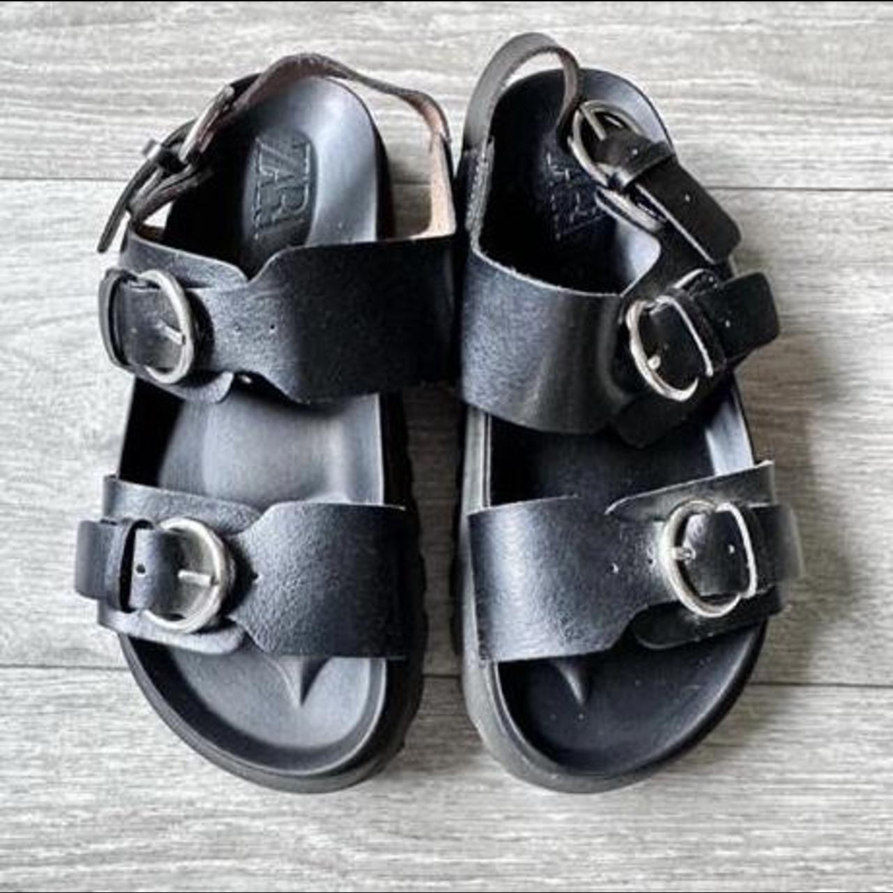 Zara kids black leather sandals Size 1 - Depop