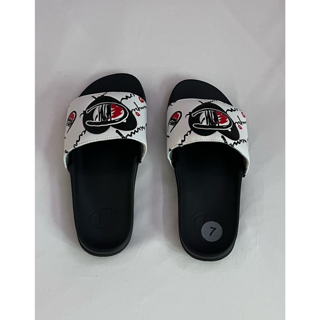 black white red champion slides brand new never... - Depop