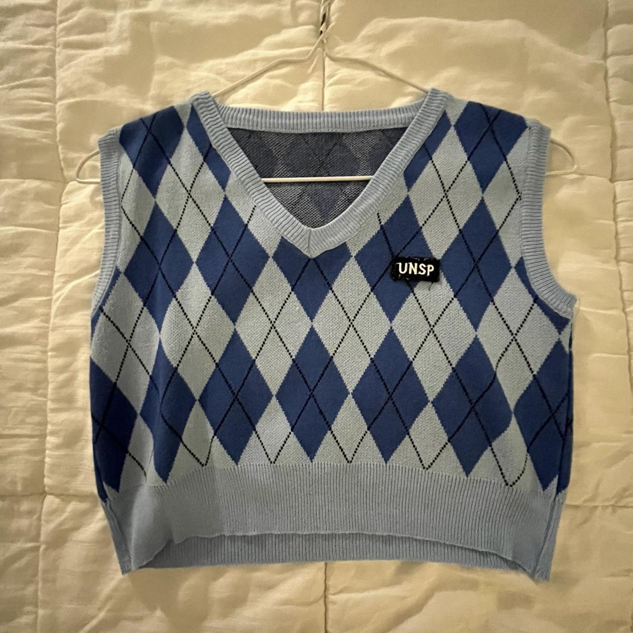 Blue Argyle Cropped Sweater Vest Xs S From Depop