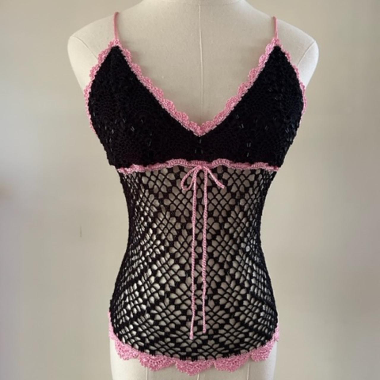 Vintage Betsey Johnson Pink & Black Crochet... - Depop