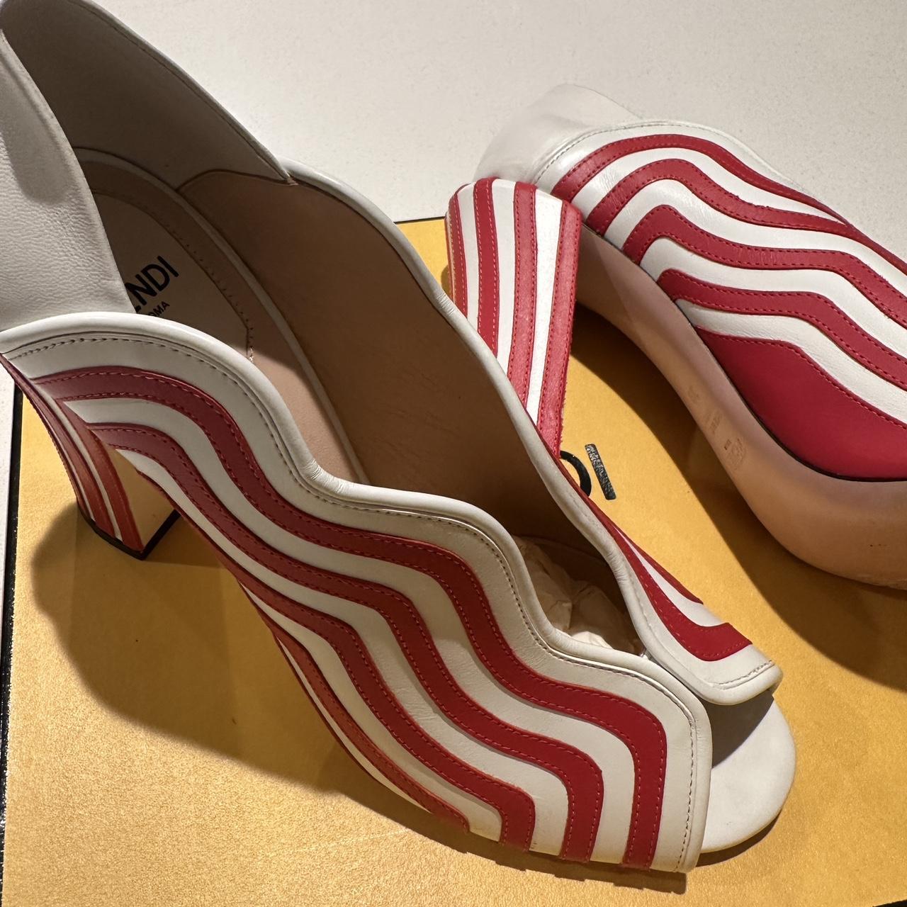 Fendi White/Red Striped Leather Block Heel