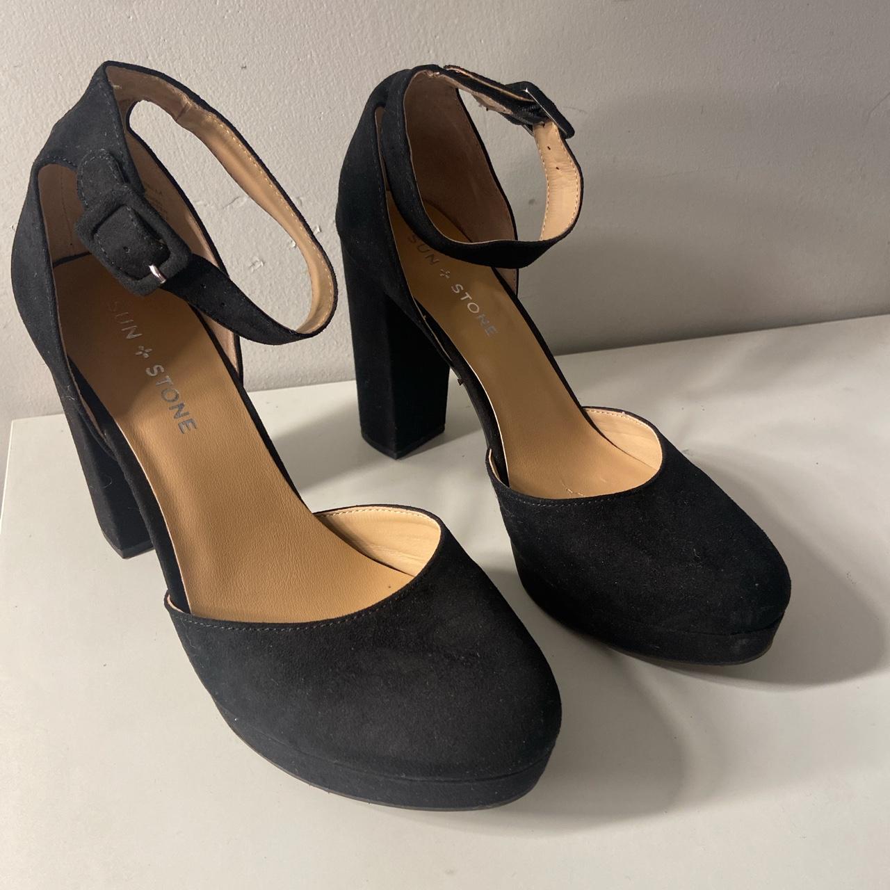 Black Chunky Suede Heels Sun and stone Size 8 - Depop