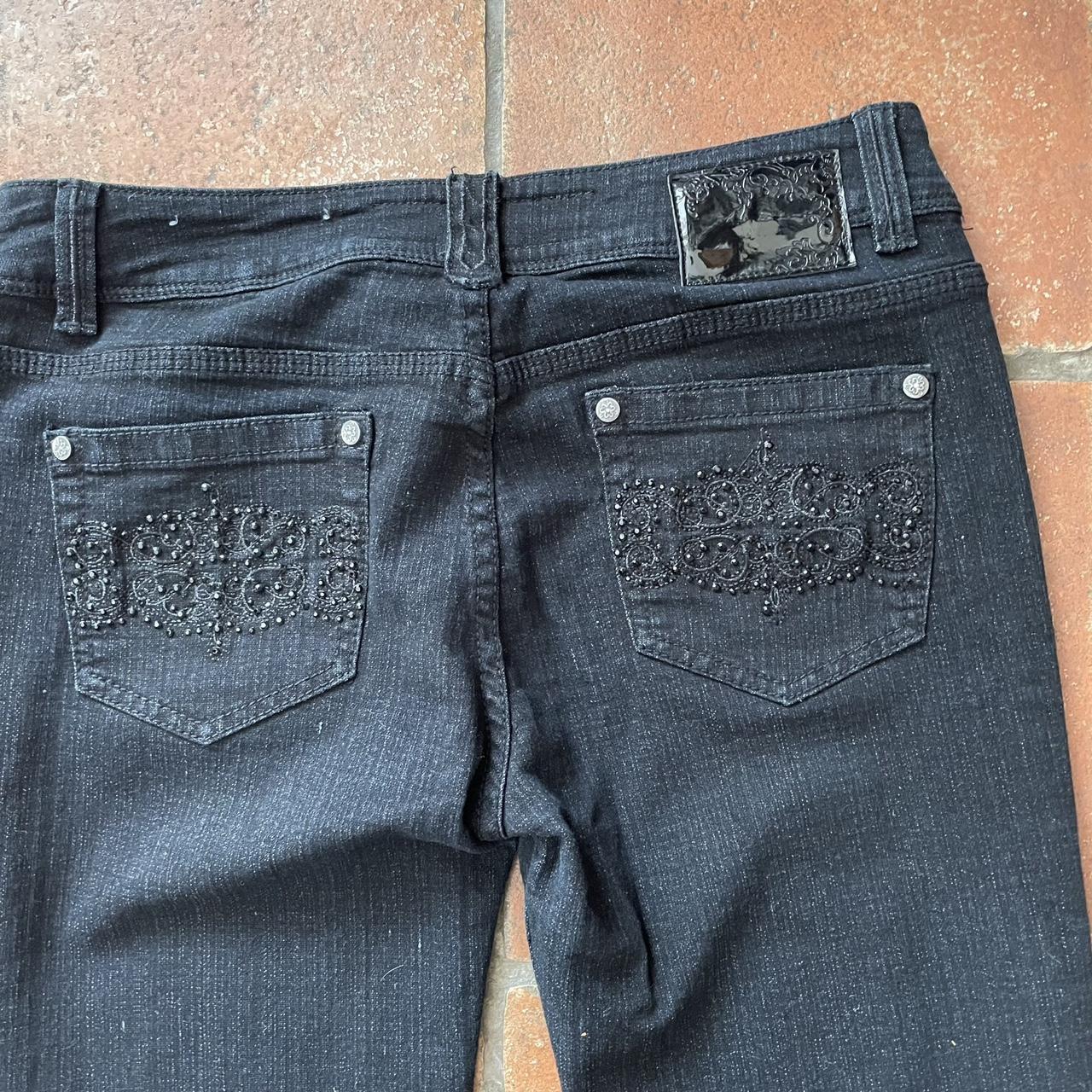 Jane Norman low rise black flared jeans Embroidered... - Depop