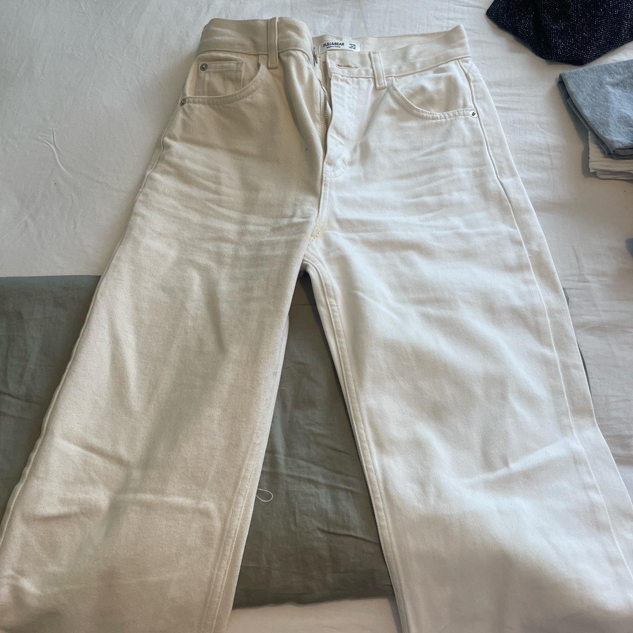 pull and bear straight leg jeans half beige half... - Depop