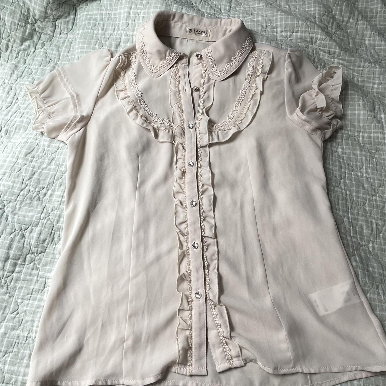 axes femme beige puff sleeve button up blouse with... - Depop