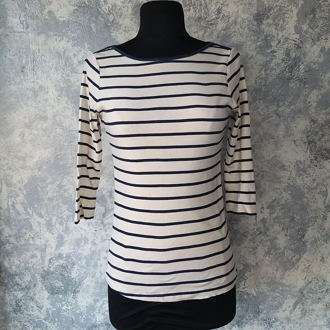 Zara Navy Blue And Off-White Striped Blouse 3/4... - Depop
