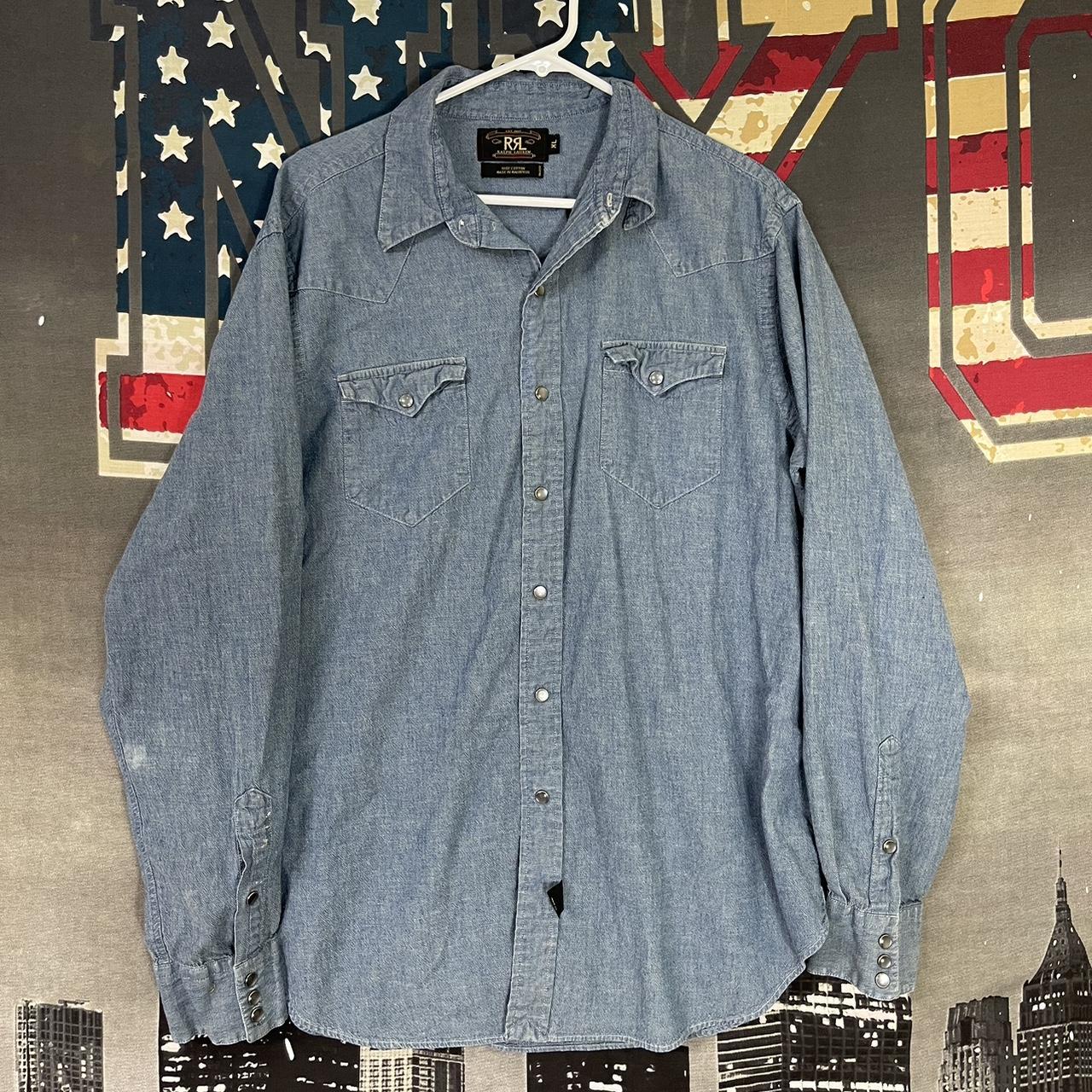 RRL Ralph Lauren Blue Chambray snap Mens western... - Depop