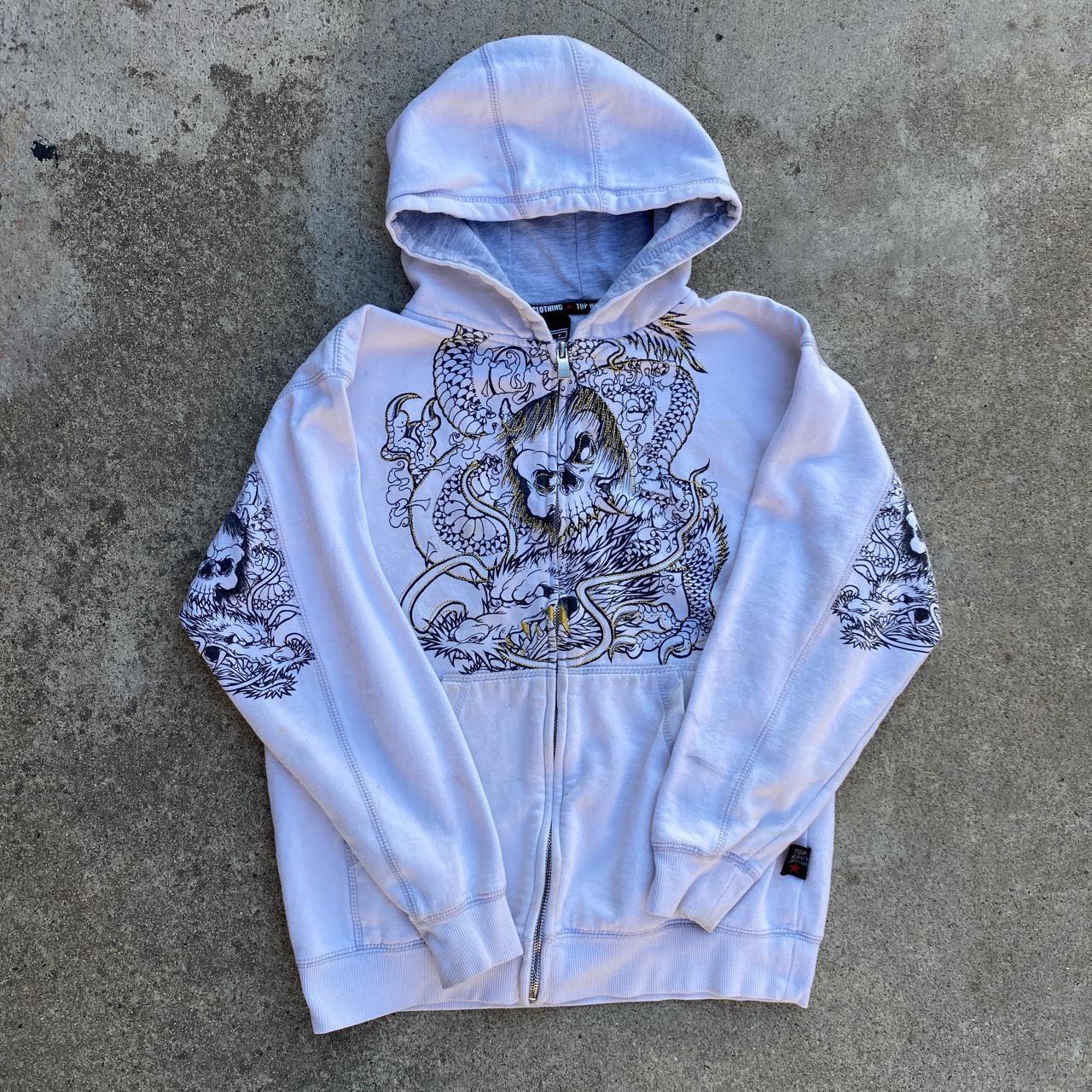 Y2K Top Heavy Clothing Skull Dragon Stained Hoodie... - Depop