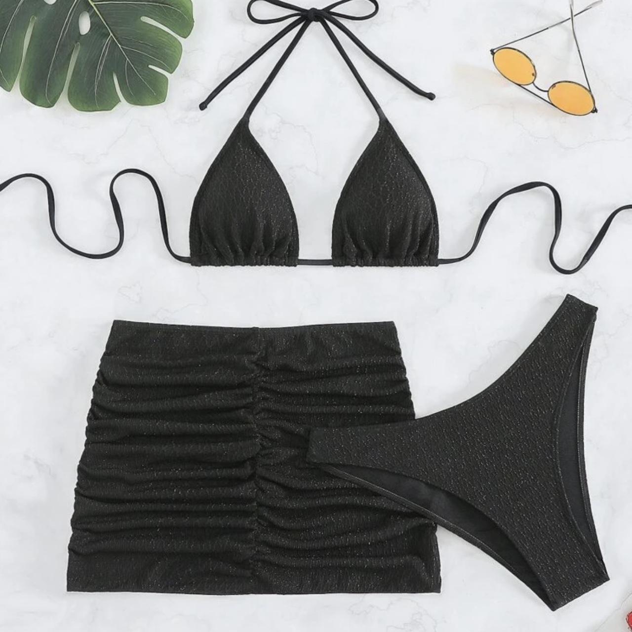 SHEIN BLACK GLITTER BIKINI WITH BEACH SKIRT 3PIECE... - Depop