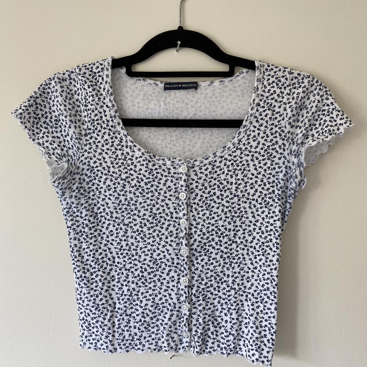 Brandy melville white/navy floral top with frill... - Depop