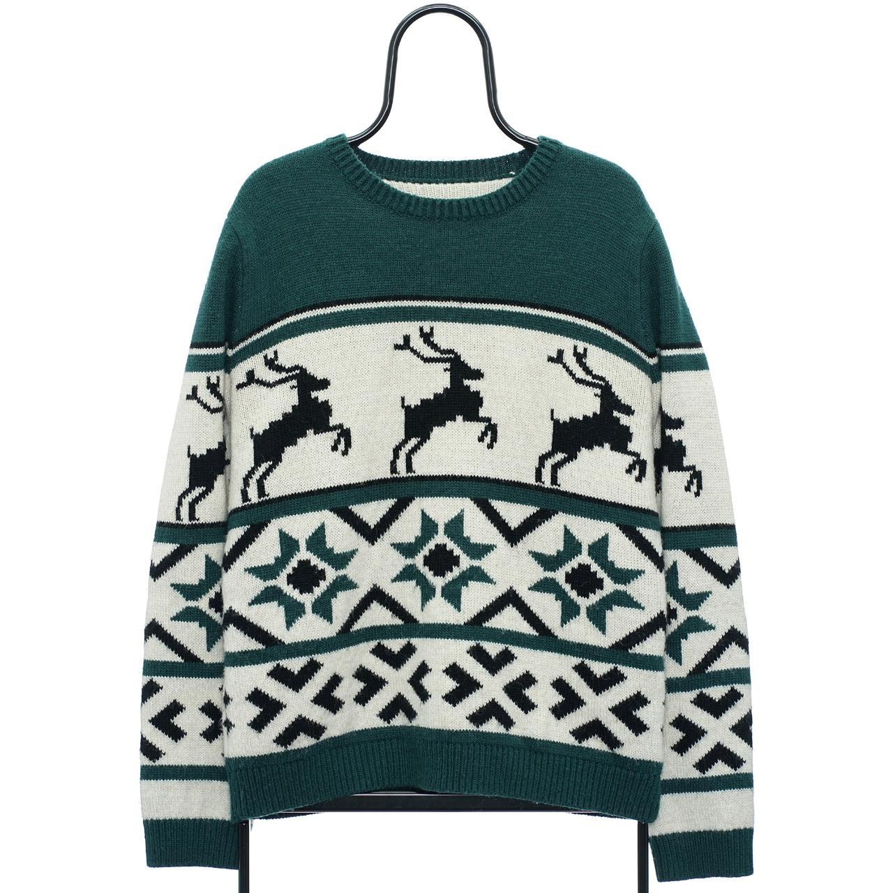 Vintage Christmas Reindeer Knitted Green Jumper •... - Depop