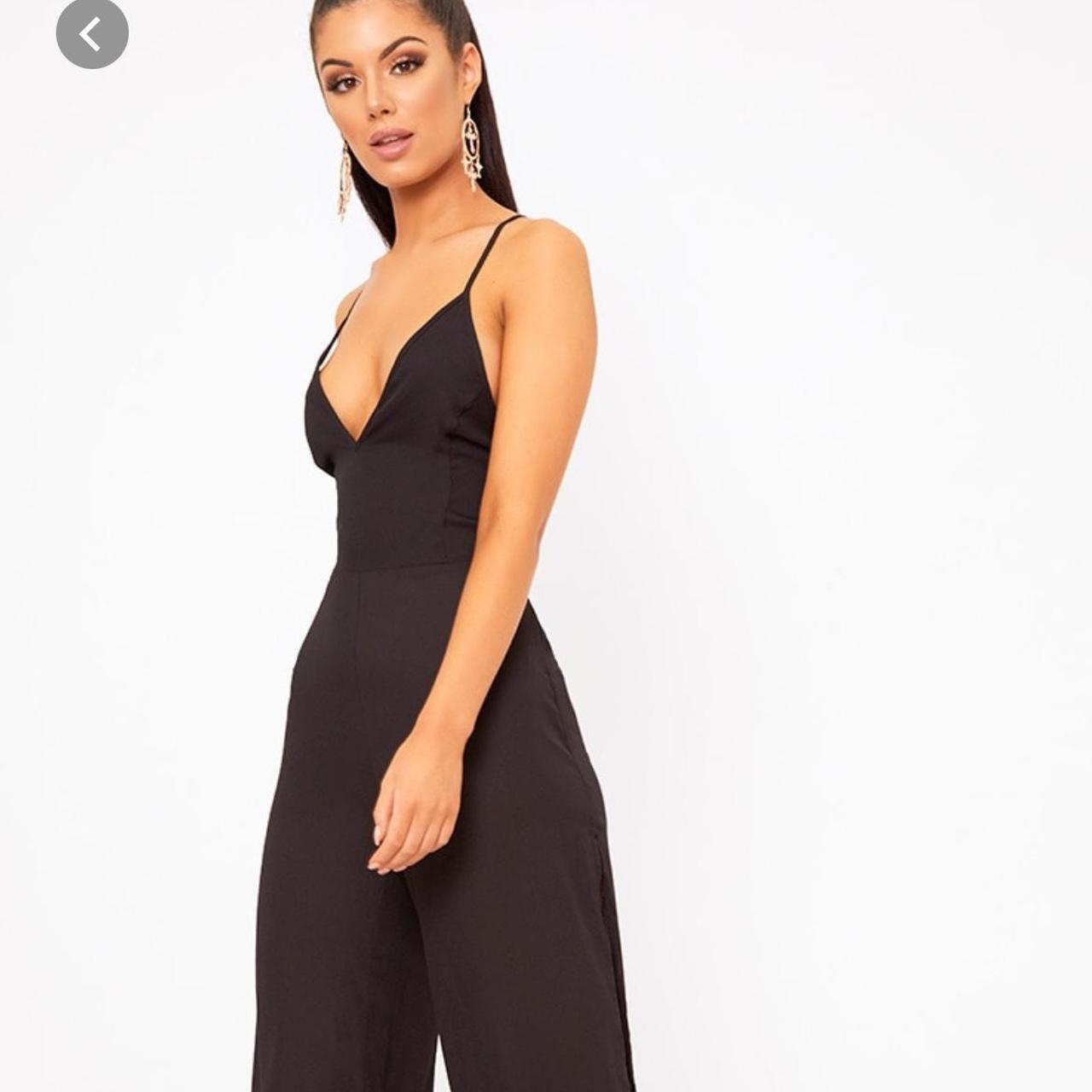 Black plunge side split leg jumpsuit from PLT Depop