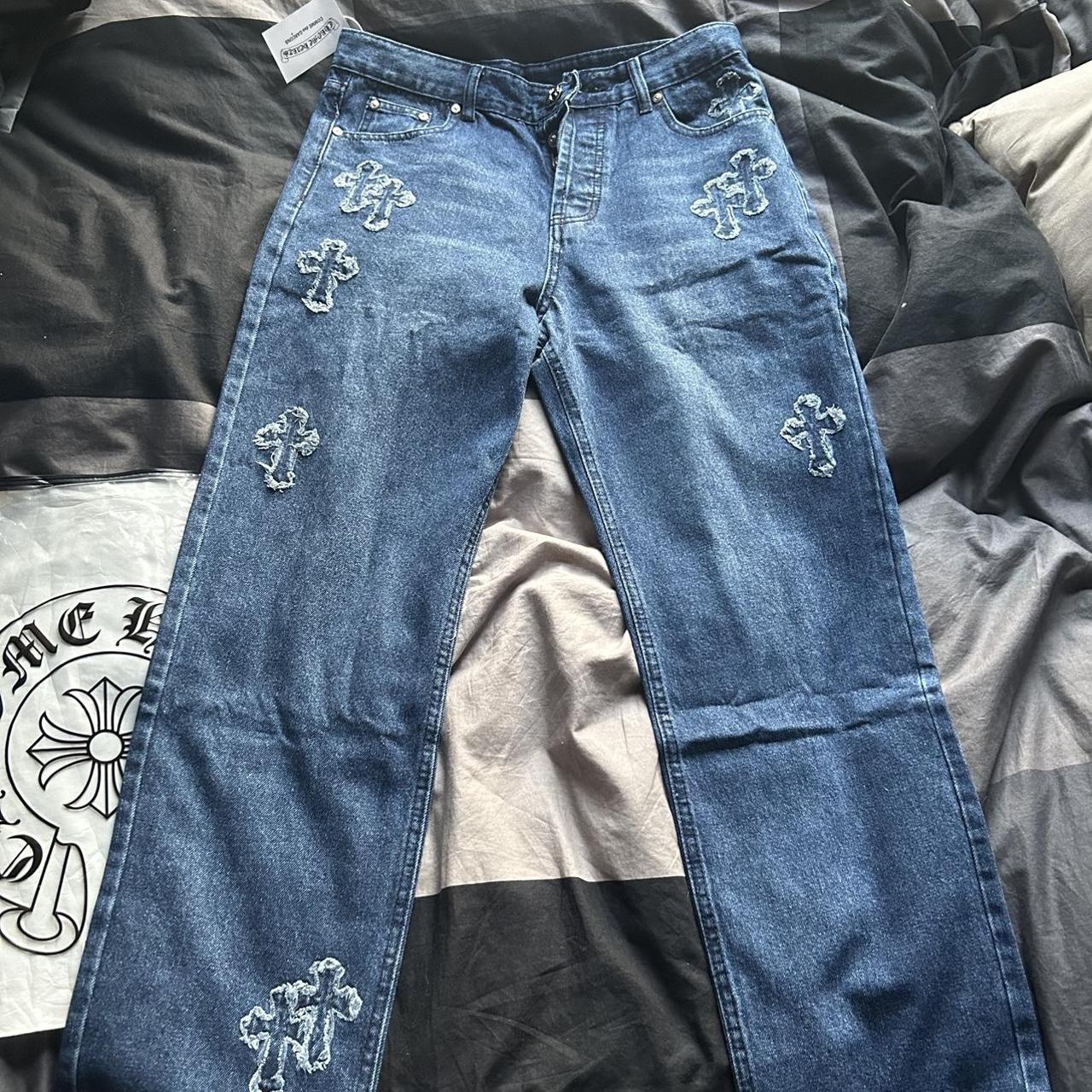 Chrome hearts inspired blue straight fit jeans No... - Depop