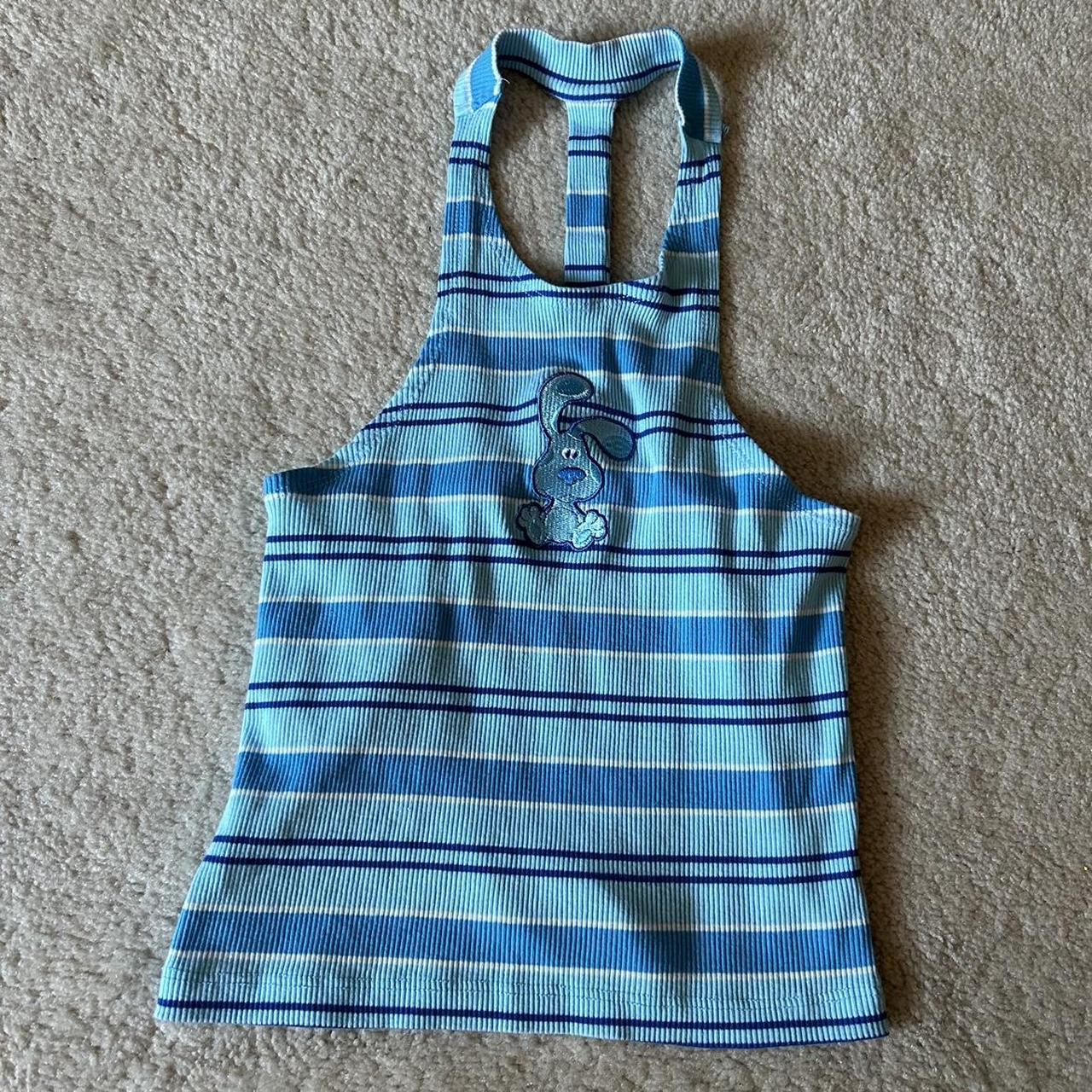 striped blue and white halter top with embroidered... Depop