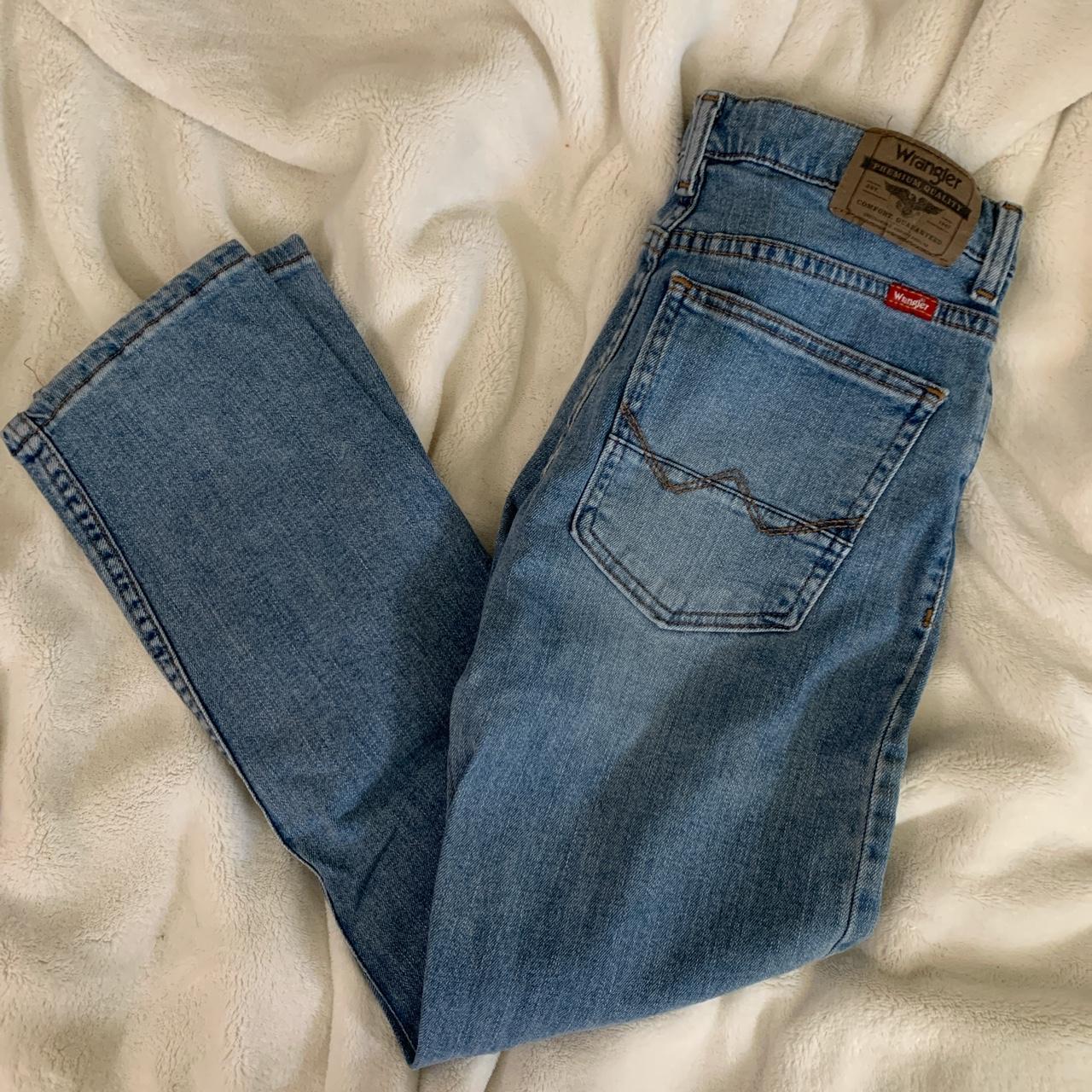 wrangler straight leg, light wash jeans boys 14 fit... - Depop