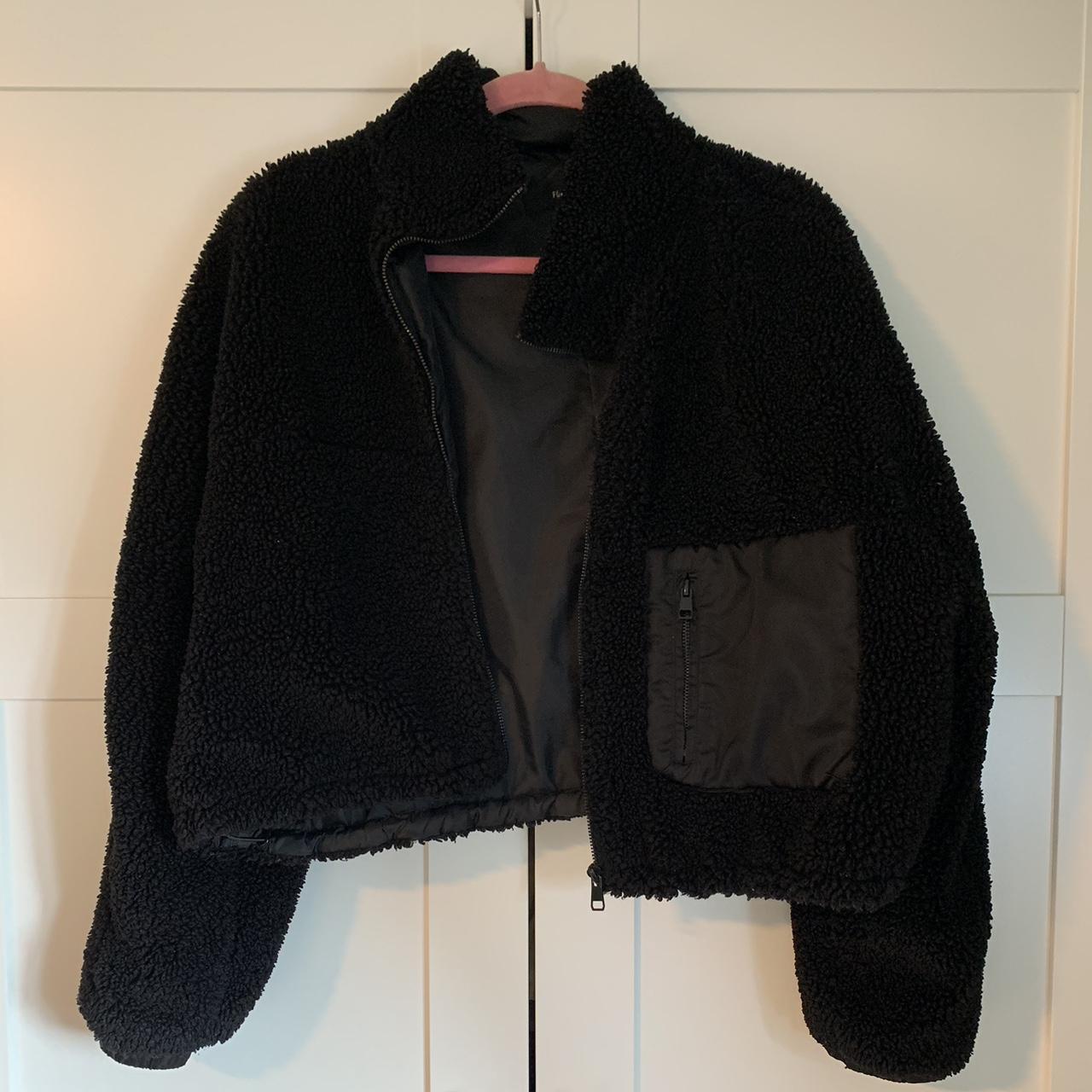 Black fuzzy jacket Lined inside with silky fabric... Depop