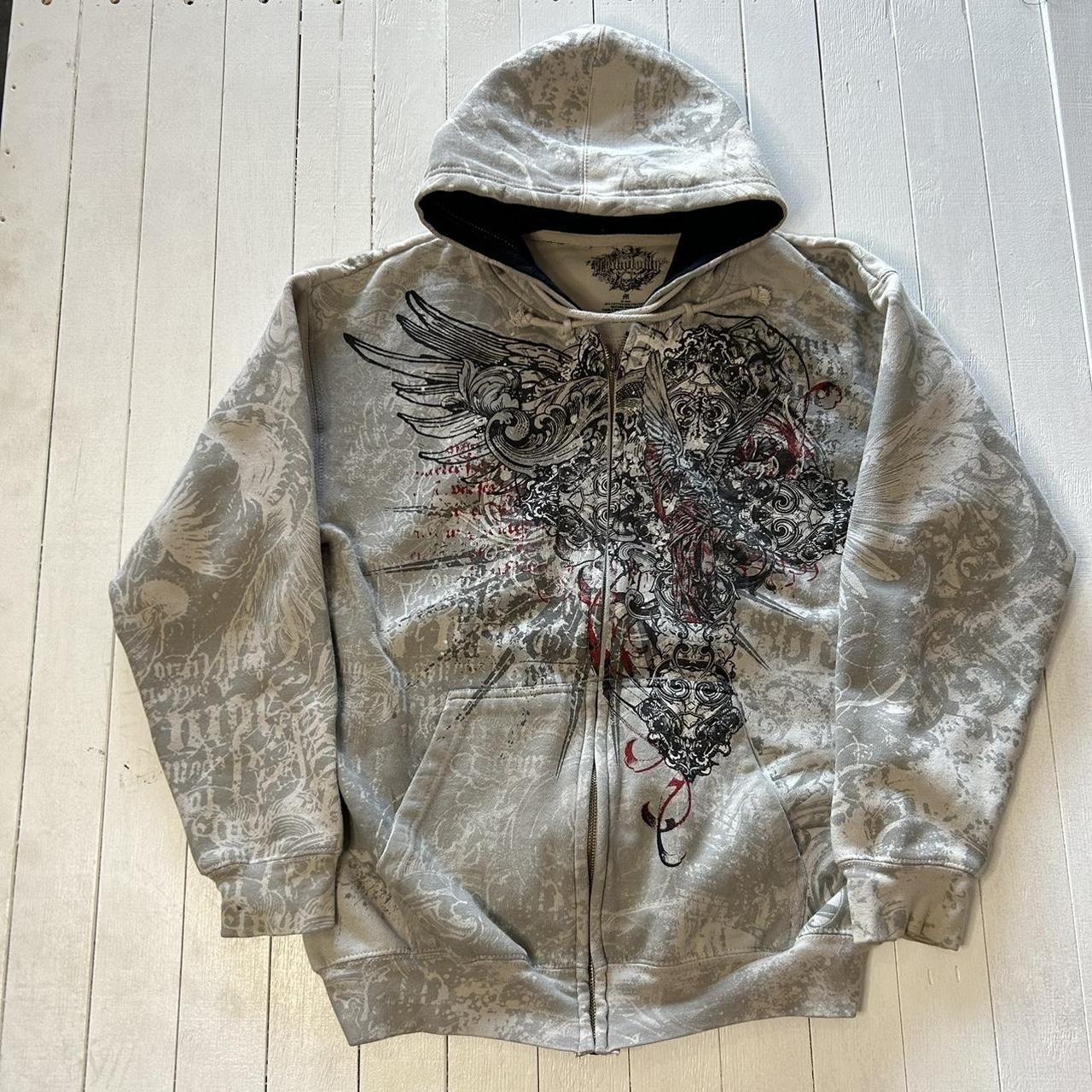 Y2k Emo cross Skull affliction style zip up... - Depop