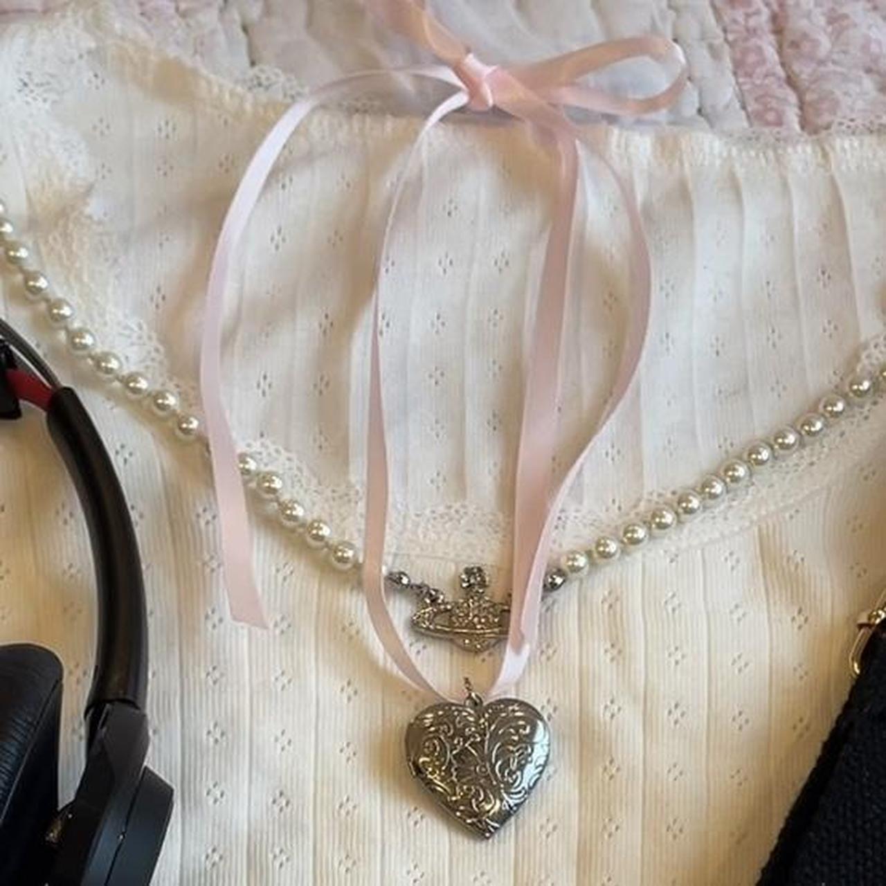 Pink ribbon bow choker with silver heart locket I... Depop